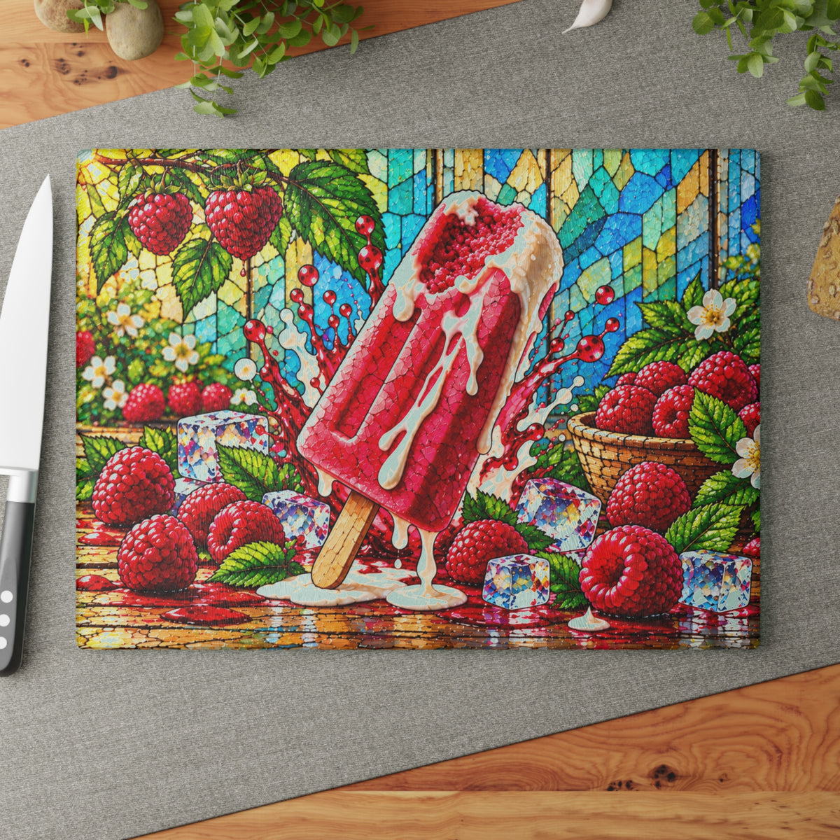 Fruit Popsicle Stained-Glass-Look Glass Cutting Board – Colorful Summer Fruit Kitchen Decor