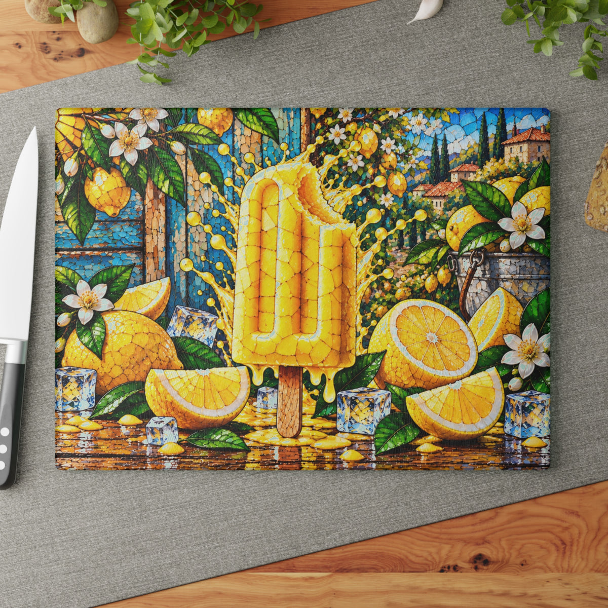 Fruit Popsicle Stained-Glass-Look Glass Cutting Board – Colorful Summer Fruit Kitchen Decor