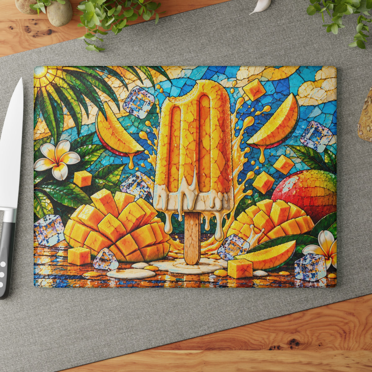 Fruit Popsicle Stained-Glass-Look Glass Cutting Board – Colorful Summer Fruit Kitchen Decor