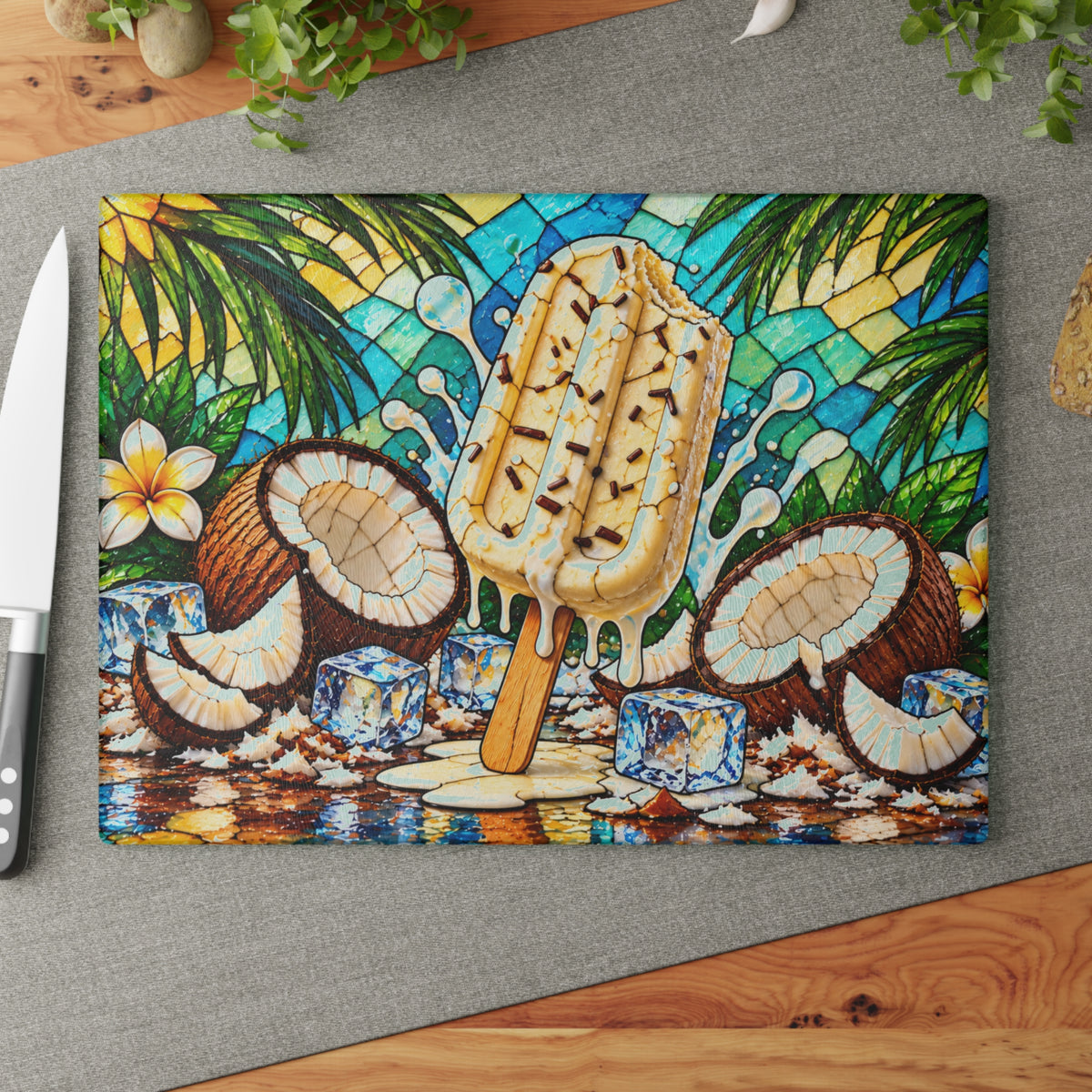 Fruit Popsicle Stained-Glass-Look Glass Cutting Board – Colorful Summer Fruit Kitchen Decor
