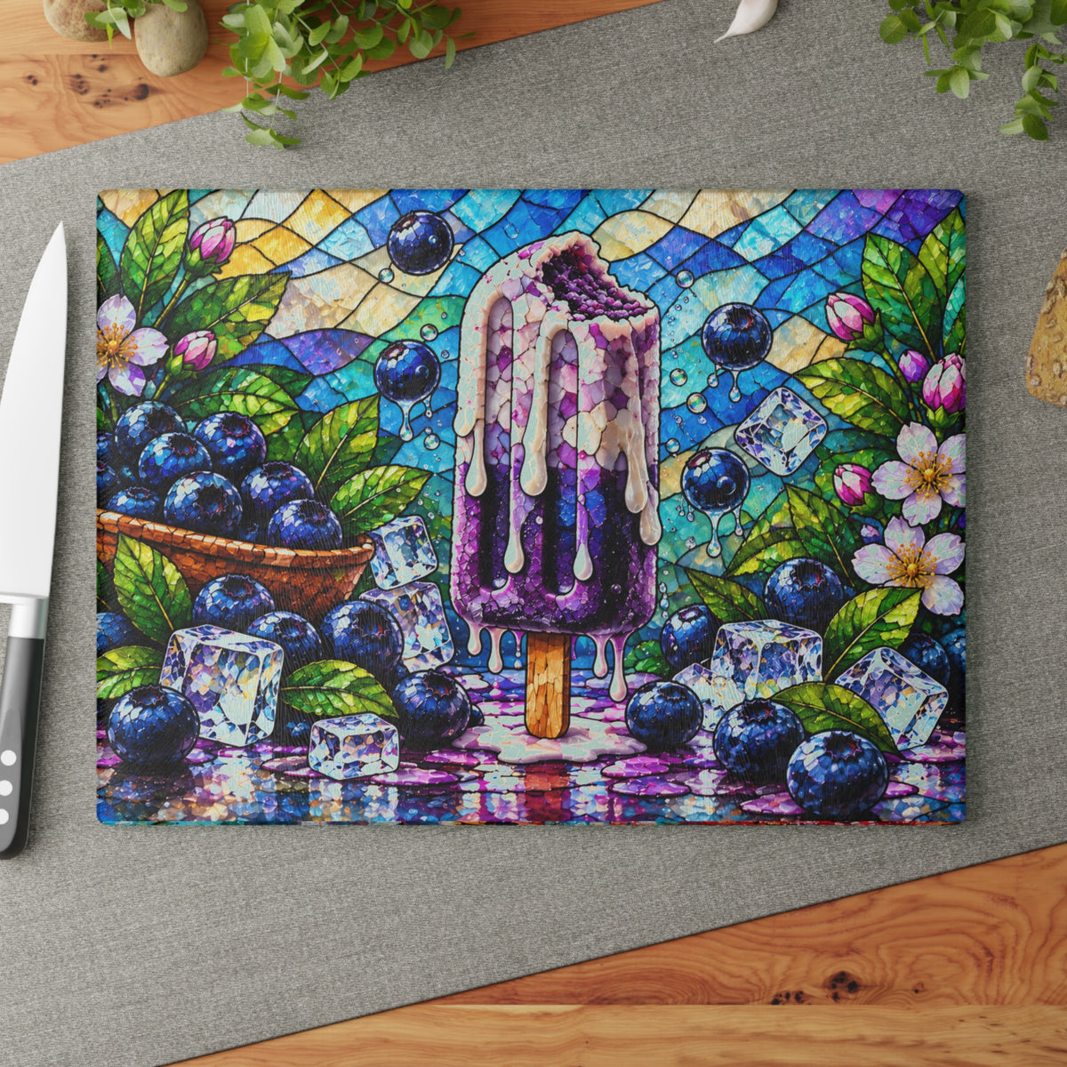 Fruit Popsicle Stained-Glass-Look Glass Cutting Board – Colorful Summer Fruit Kitchen Decor