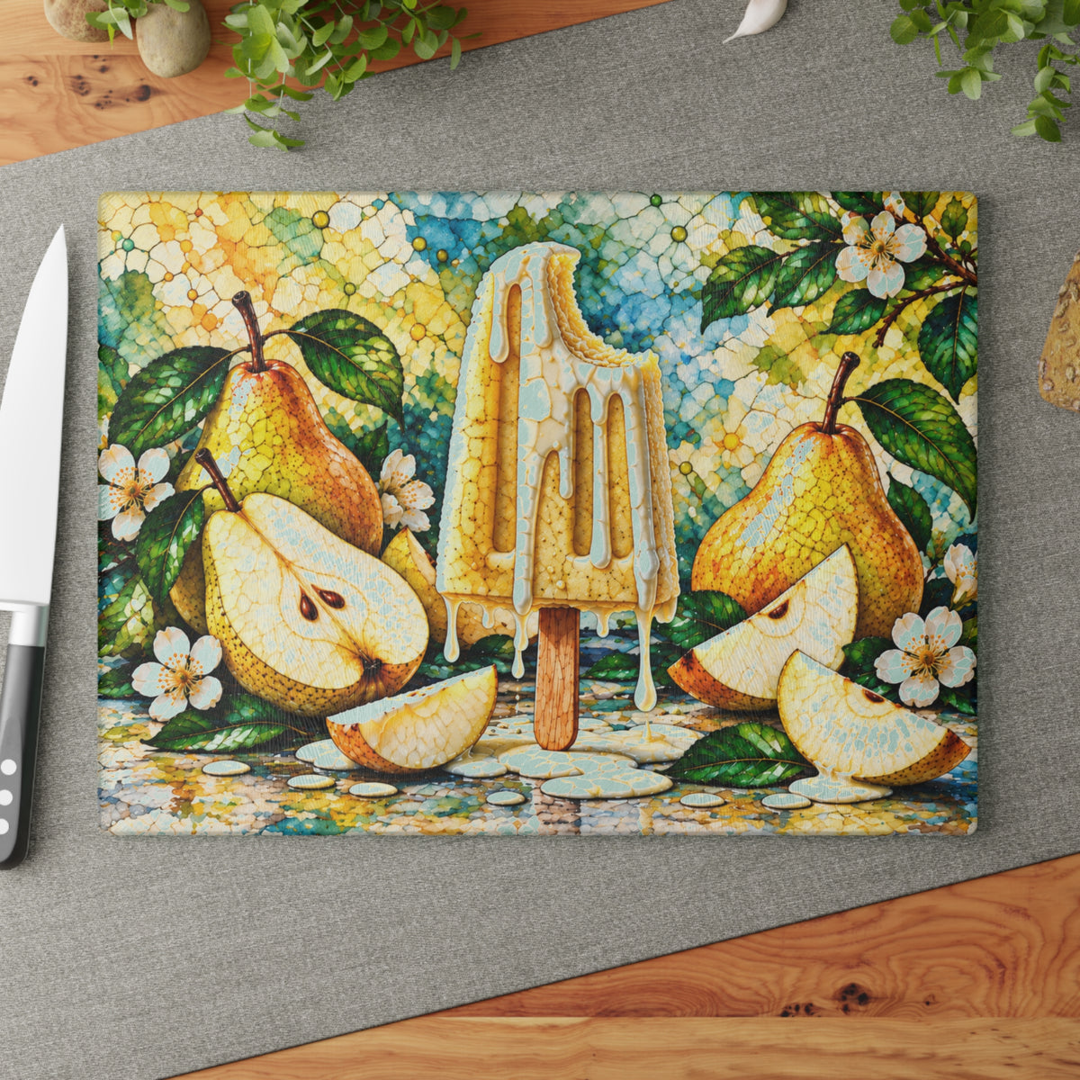 Fruit Popsicle Stained-Glass-Look Glass Cutting Board – Colorful Summer Fruit Kitchen Decor