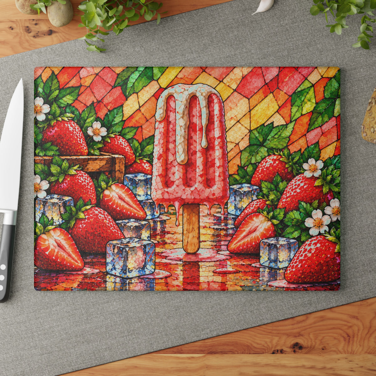 Fruit Popsicle Stained-Glass-Look Glass Cutting Board – Colorful Summer Fruit Kitchen Decor