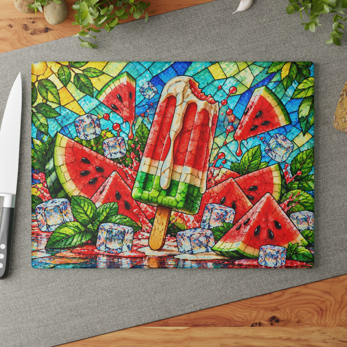 Fruit Popsicle Stained-Glass-Look Glass Cutting Board – Colorful Summer Fruit Kitchen Decor