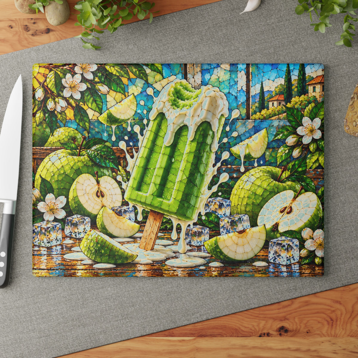Fruit Popsicle Stained-Glass-Look Glass Cutting Board – Colorful Summer Fruit Kitchen Decor