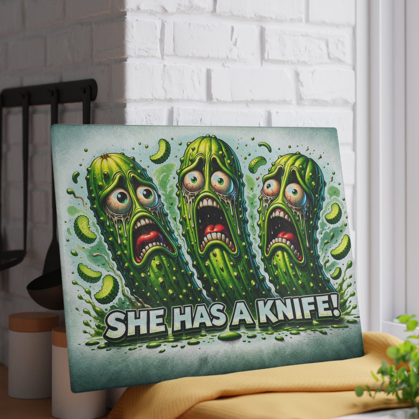 She Has a Knife! Glass Cutting Board – Pickle Panic Funny Kitchen Decor