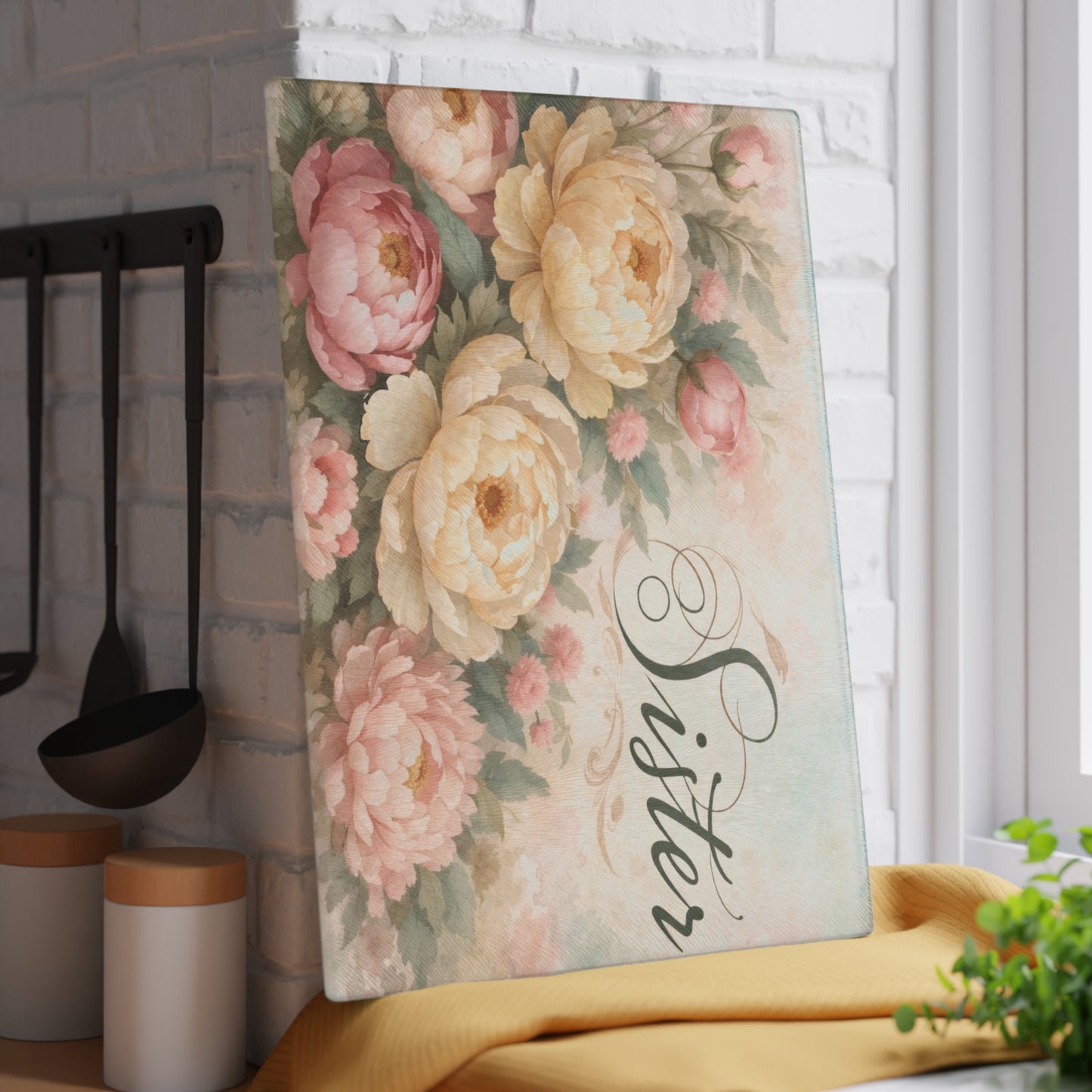 Sister Floral Glass Cutting Board – Elegant Kitchen Gift for Her