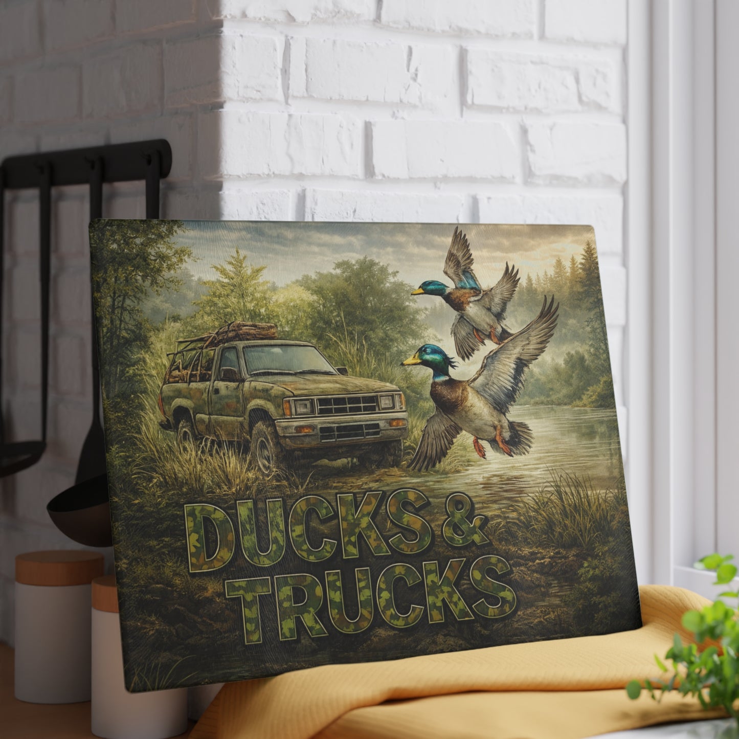 Ducks & Trucks Glass Cutting Board – Rustic Hunting Scene Kitchen Art & Display Board