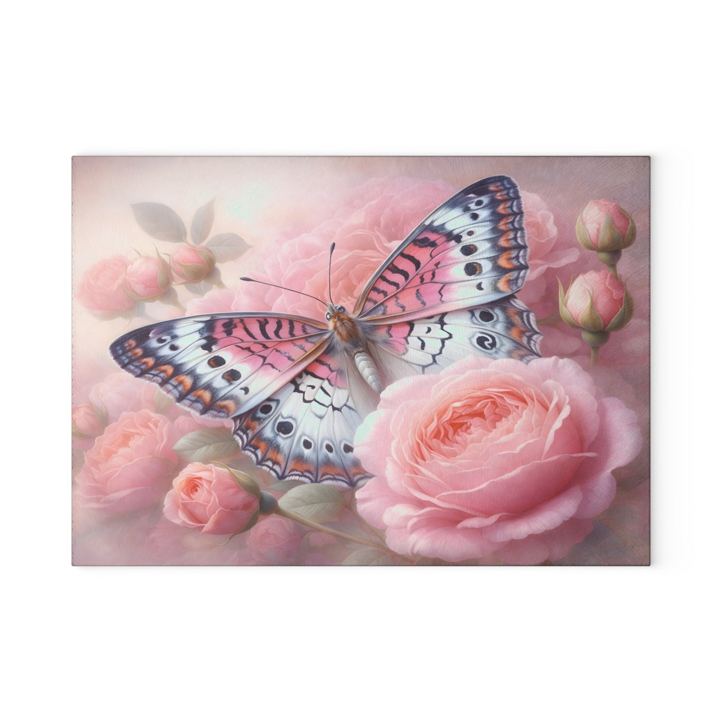 Pink Butterfly & Rose Garden Glass Cutting Board – Elegant Floral Nature Kitchen Décor