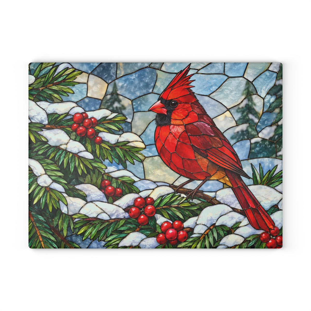 Winter Cardinal Stained-Glass-Look Glass Cutting Board