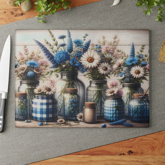 💙🌼 Blue Gingham Wildflower Mason Jar Cutting Board – Rustic Farmhouse Kitchen Charm 🌿✨