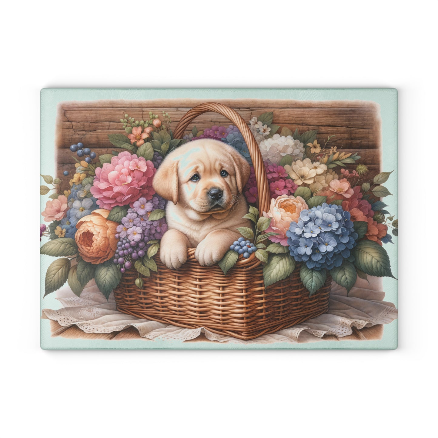 🐾🌸 Light Wood Basket Labrador Puppy Cutting Board – Classic Elegance with Floral Charm 🌼