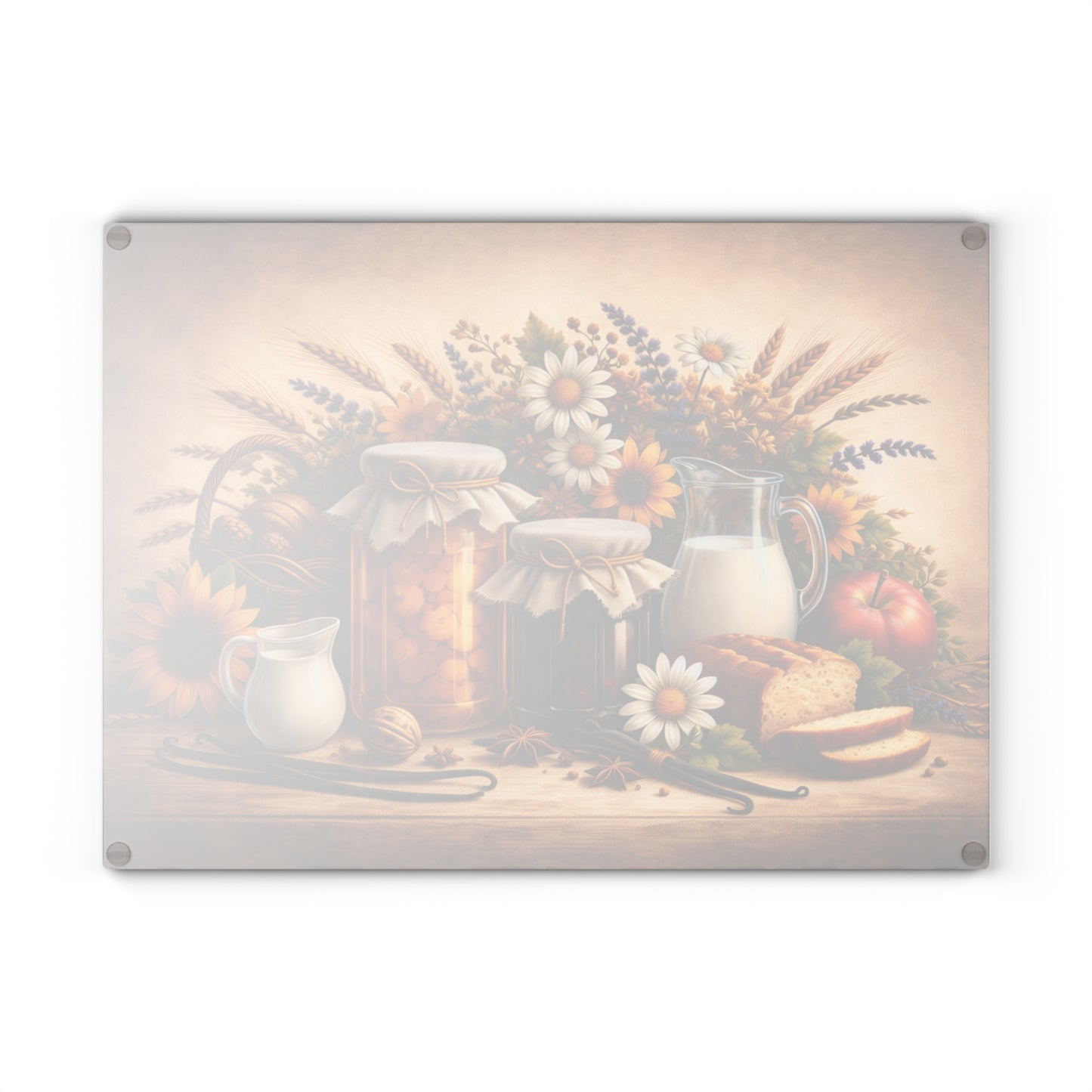 Harvest Pantry Still Life Glass Cutting Board – Rustic Farmhouse Kitchen Artwork