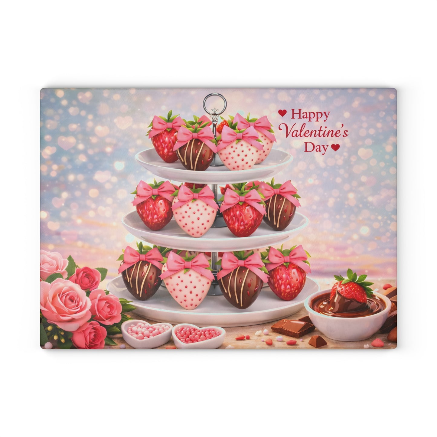 Chocolate-Covered Strawberry Valentine Glass Cutting Board – Romantic Dessert Display & Kitchen Accent