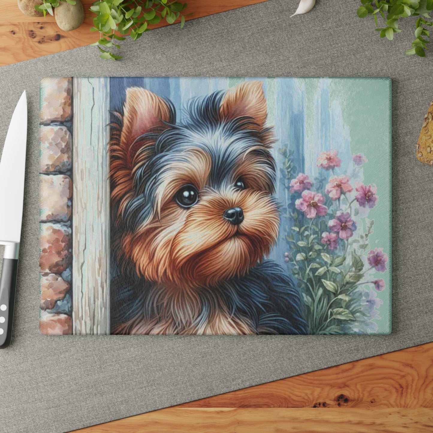 Cottage Yorkie Peek Glass Cutting Board – Floral Pup Charm for Cozy Kitchens