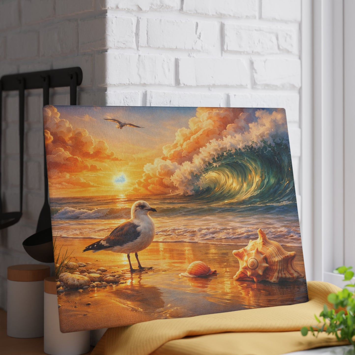 Golden Coastal Wave Glass Cutting Board – Ocean Sunset Seagull Beach Kitchen Art