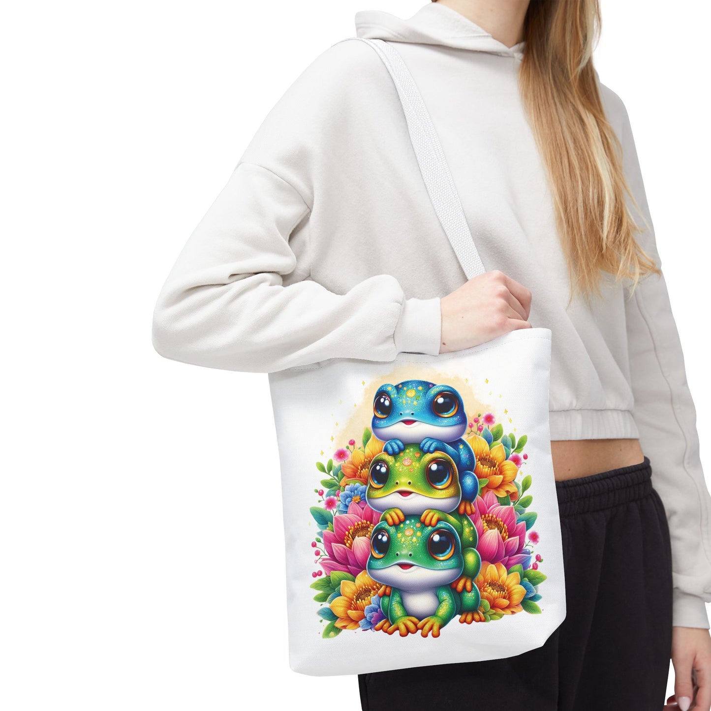 🐸 Stacked Frogs Floral Tote Bag – Colorful Whimsy for Every Day 🌸👜