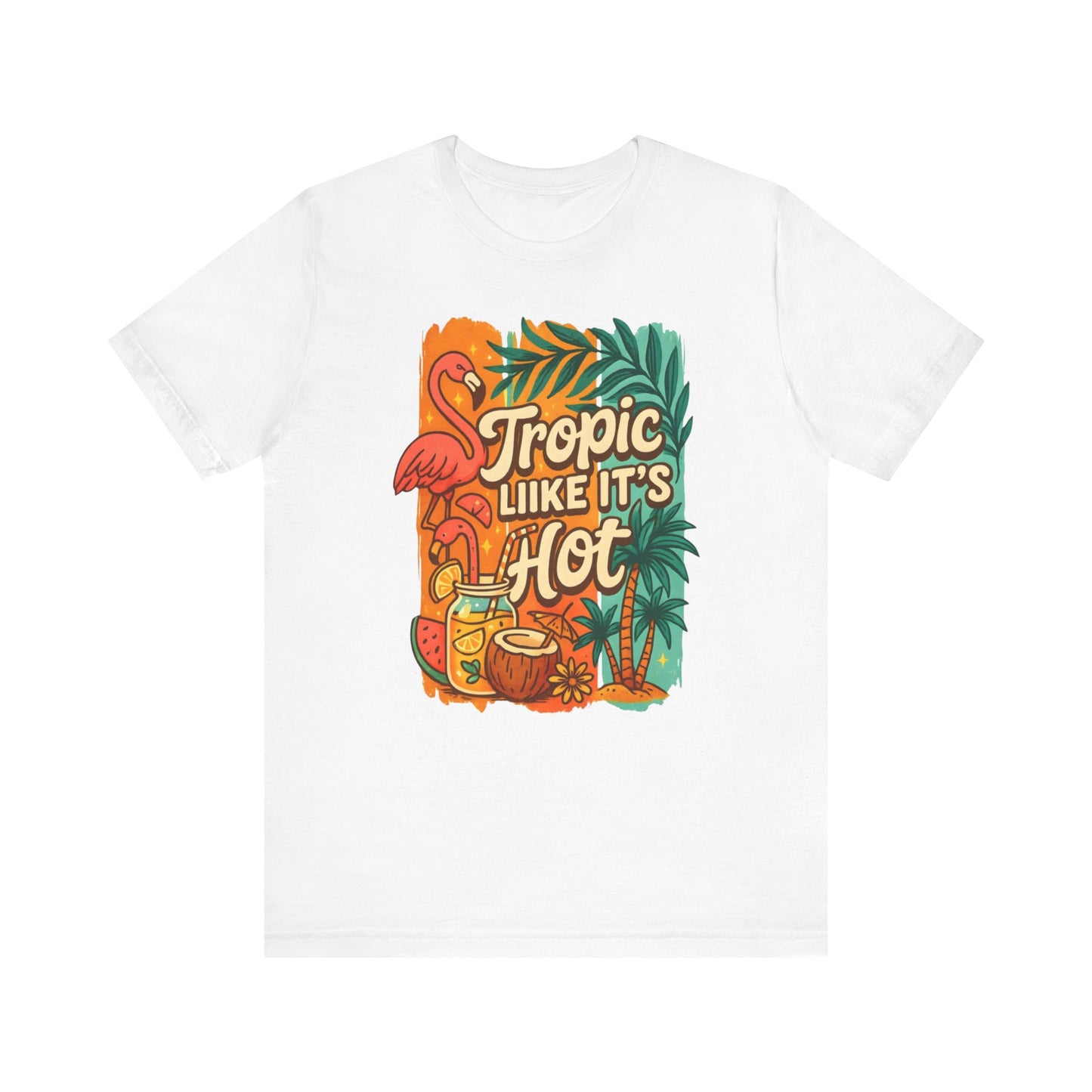 Camiseta "Tropic Like It's Hot" con flamenco, palmera y bebidas tropicales | Solo en blanco