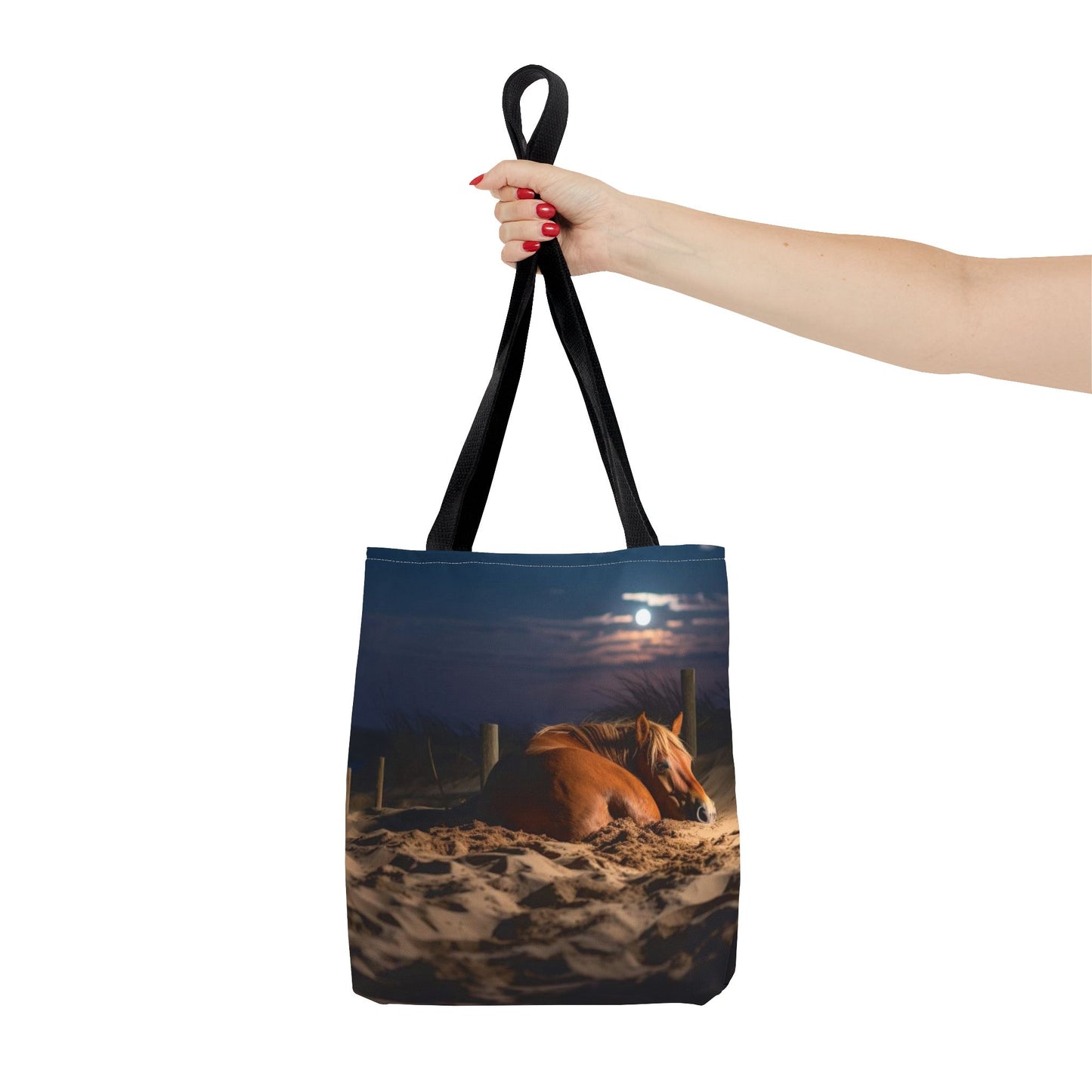 Bolsa de tela "Caballo durmiendo en la playa bajo la luz de la luna": una escapada serena a cada paso