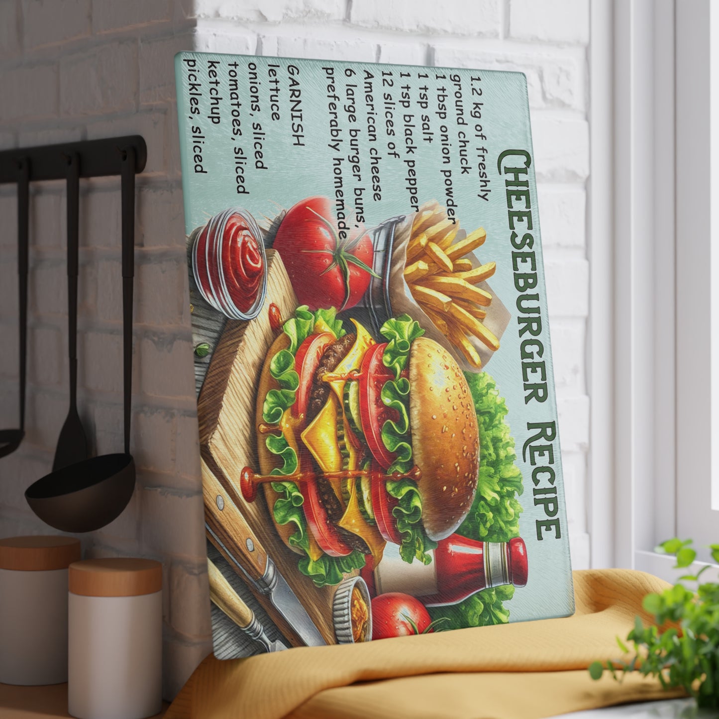 🍔 Cheeseburger Recipe – Gourmet Burger Lovers Glass Cutting Board