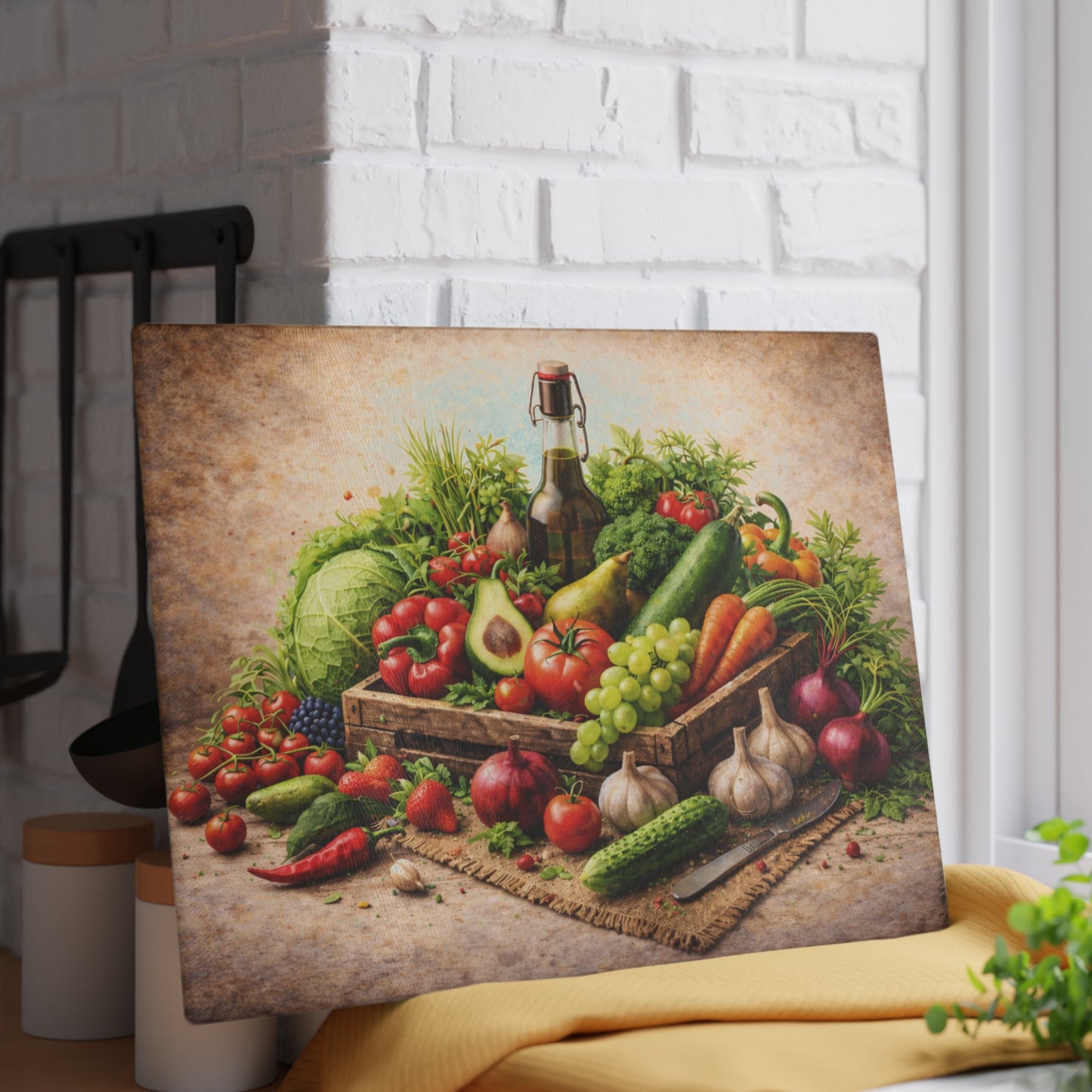 Farm Fresh Harvest Glass Cutting Board – Rustic Market Vegetable Kitchen Art