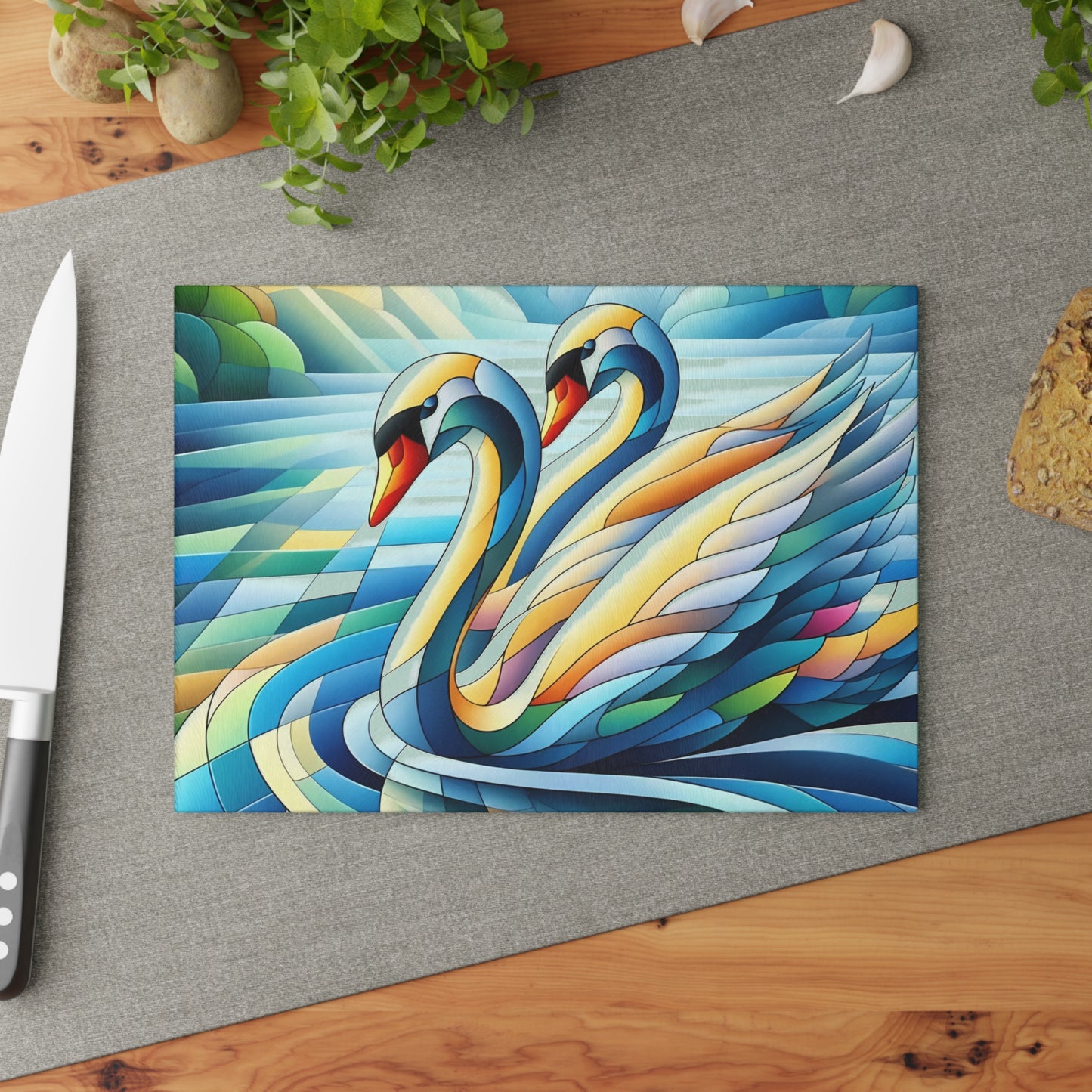 Tabla de cortar de vidrio con dos cisnes cubistas – Escena artística de río