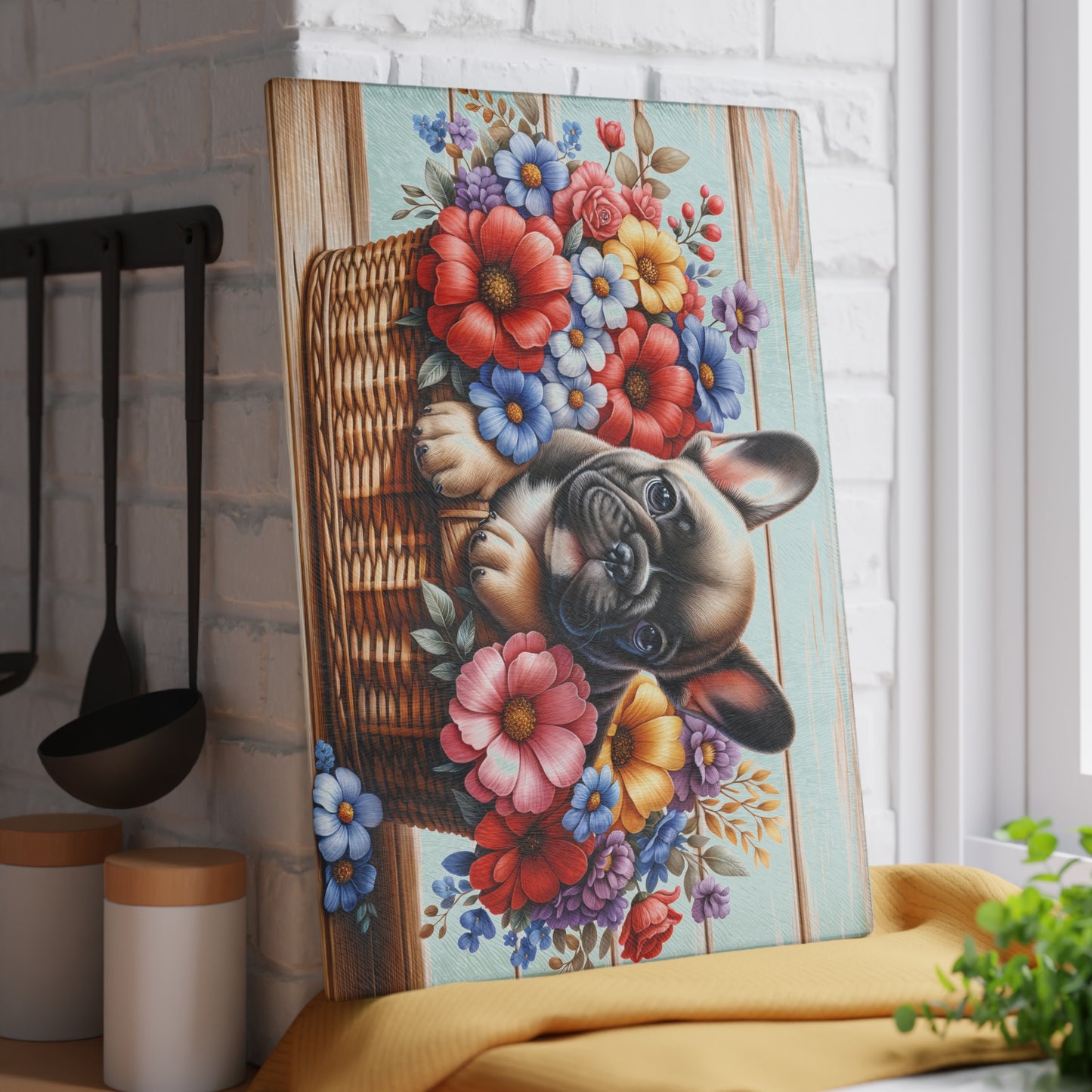 🐶🌸 French Bulldog in Basket Cutting Board – Adorable Elegance for Your Kitchen 🌼