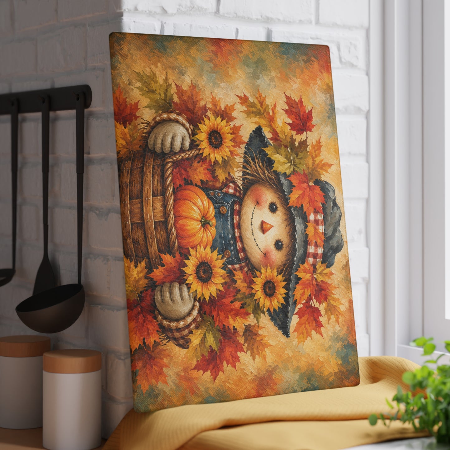 Autumn Scarecrow Glass Cutting Board – Sunflower Pumpkin Fall Kitchen Decor