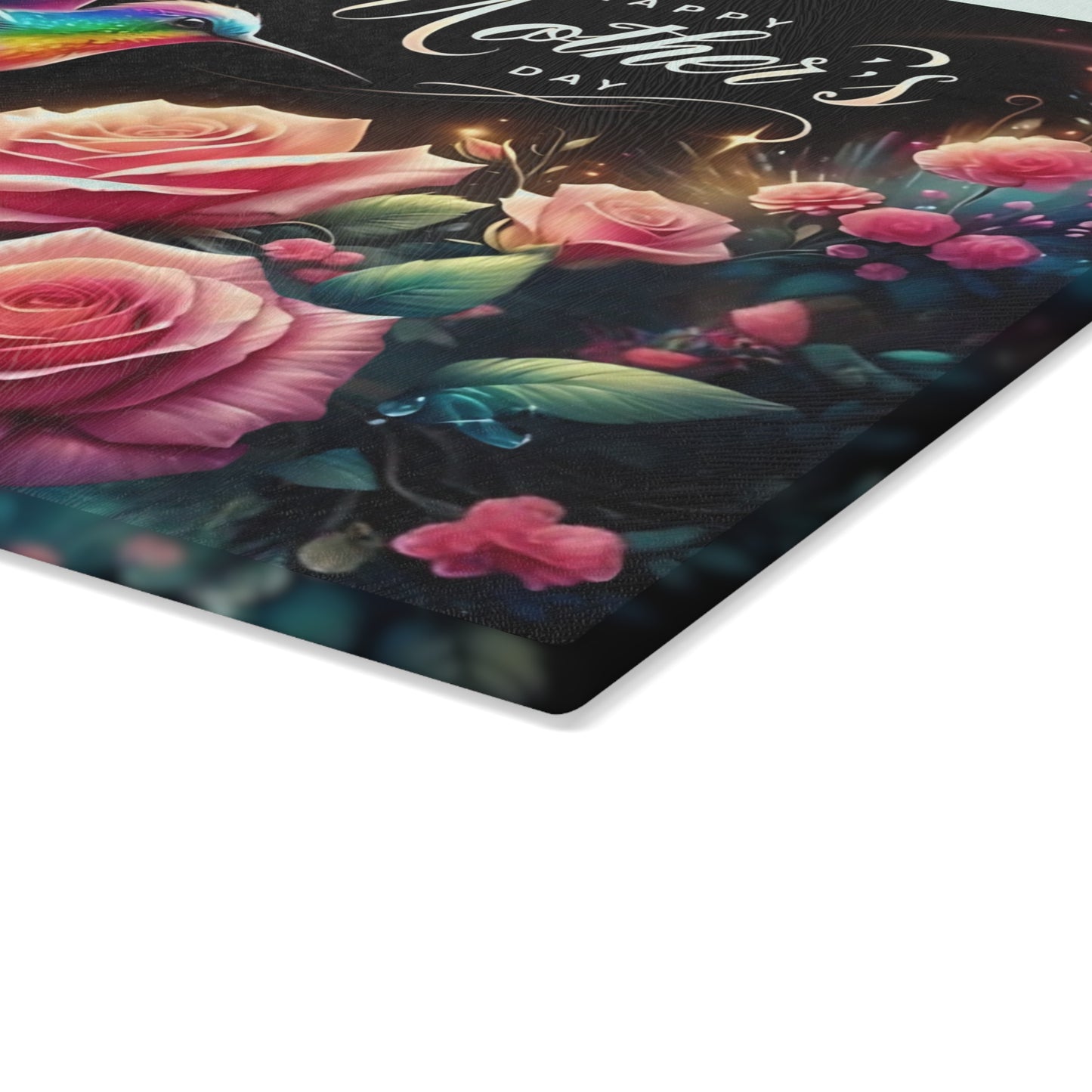 Hummingbird & Roses Tempered Glass Cutting Board – Floral Kitchen Decor, Spring Gift, Mother’s Day Present