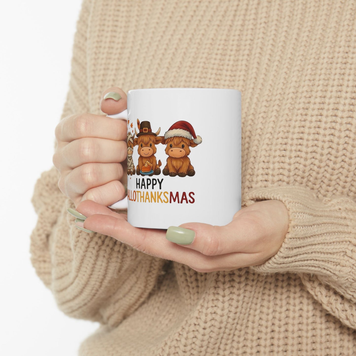 🐮🎃🦃🎄 Happy Hallothanksmas Mug – Cow Holiday Coffee Cup ☕✨