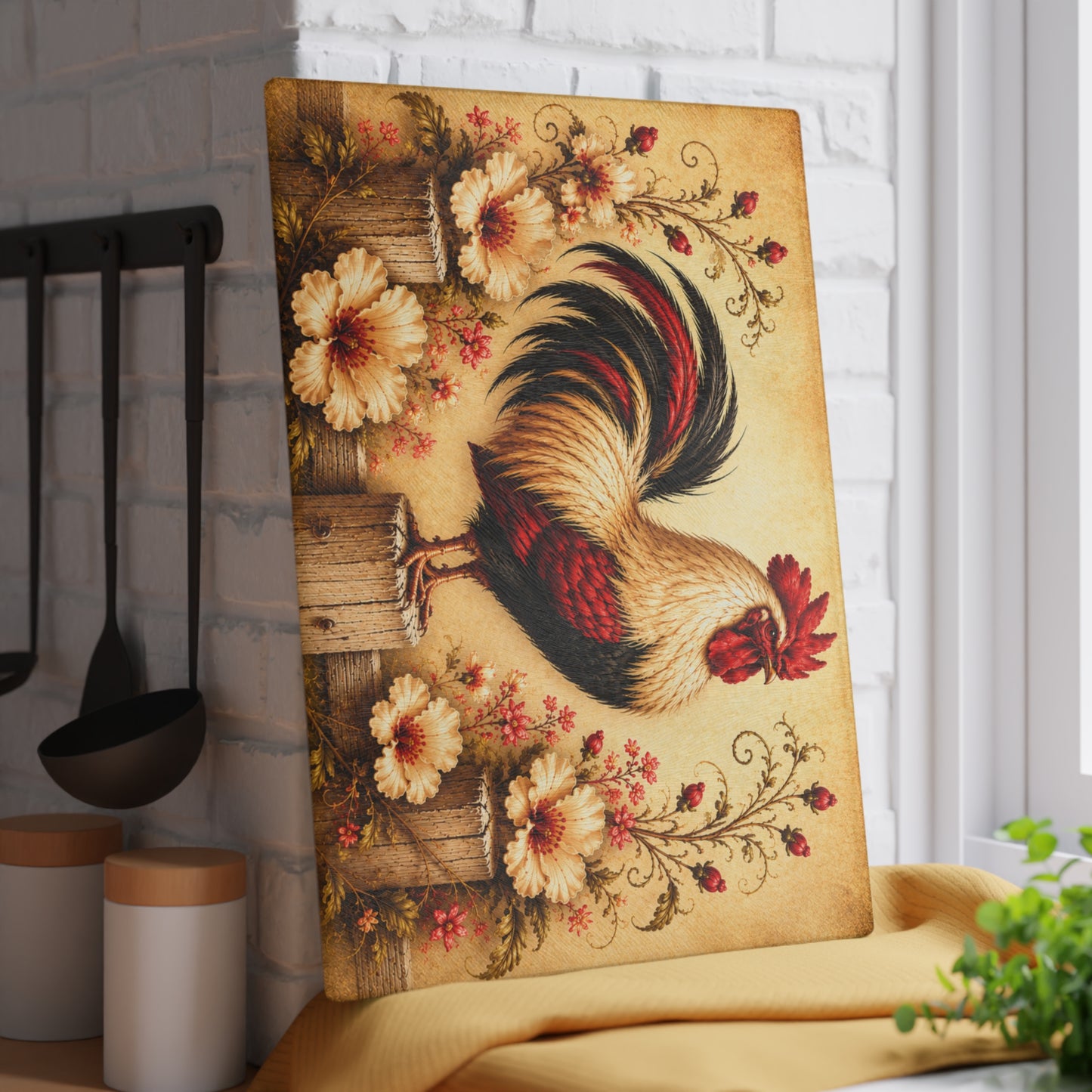 Rustic Rooster Tempered Glass Cutting Board