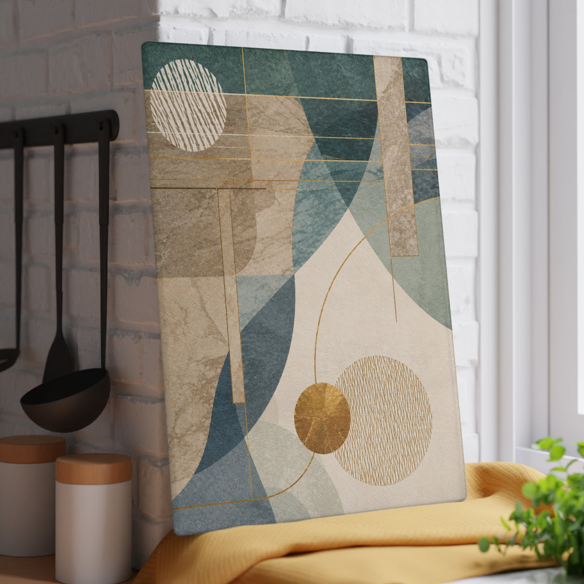 Modern Abstract Geometric Glass Cutting Board – Teal Beige & Gold Contemporary Kitchen Decor