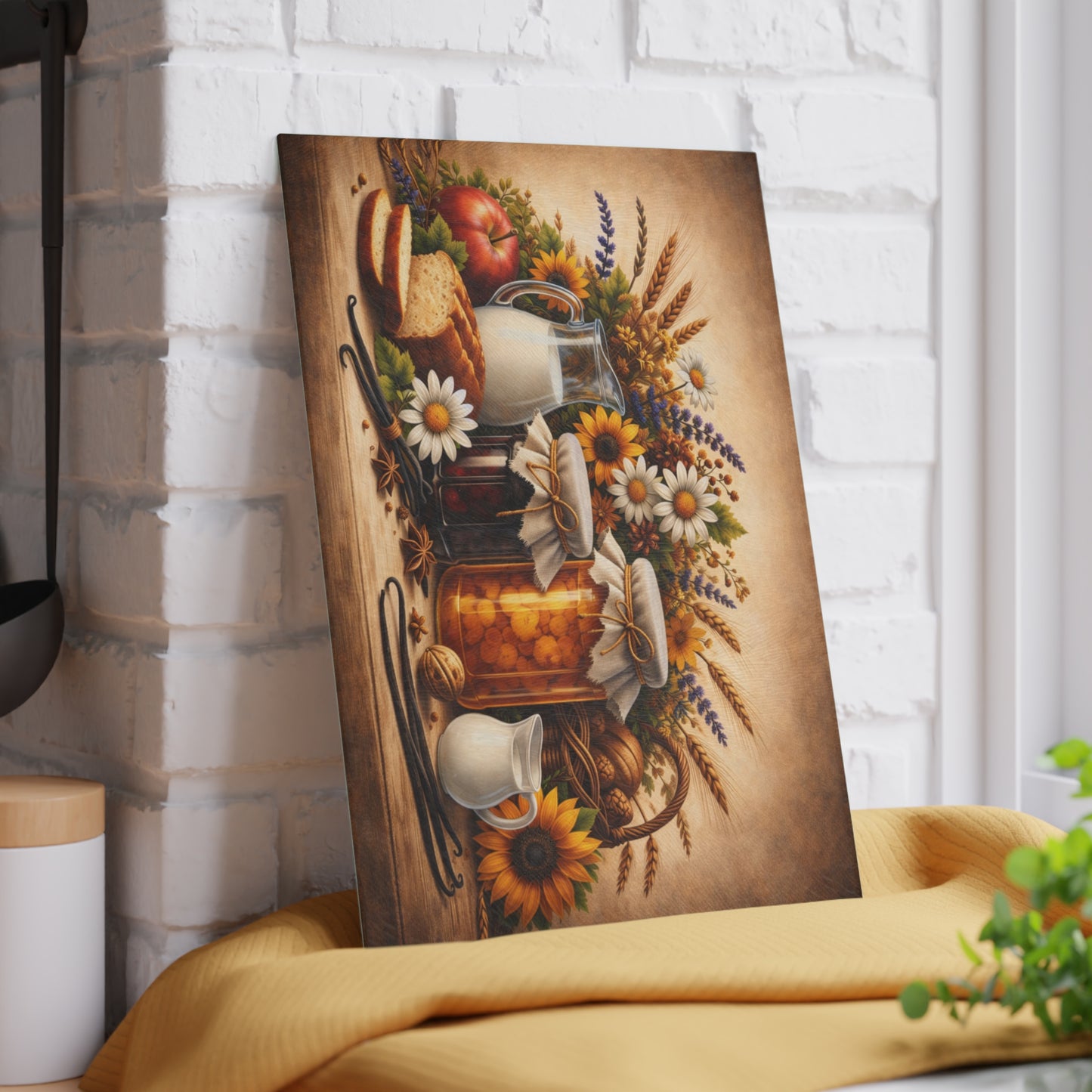 Harvest Pantry Still Life Glass Cutting Board – Rustic Farmhouse Kitchen Artwork
