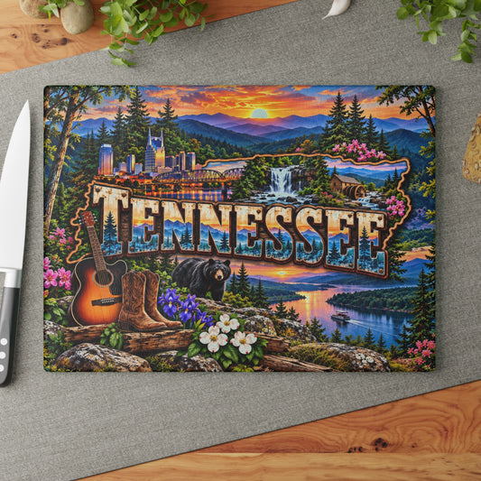 Tennessee Scenic Mountain Glass Cutting Board – Nashville Skyline, Waterfall, Black Bear & Smoky Mountain Décor