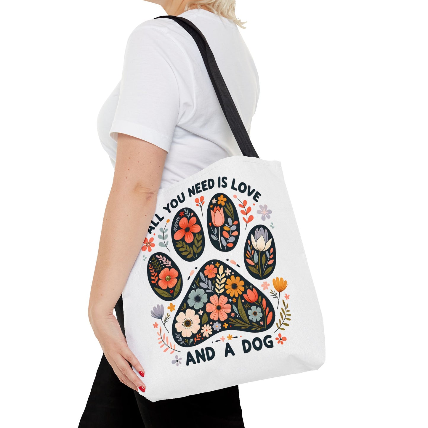 🐾 All You Need is Love and a Dog Tote Bag – Floral Paw Print Perfection 🌸
