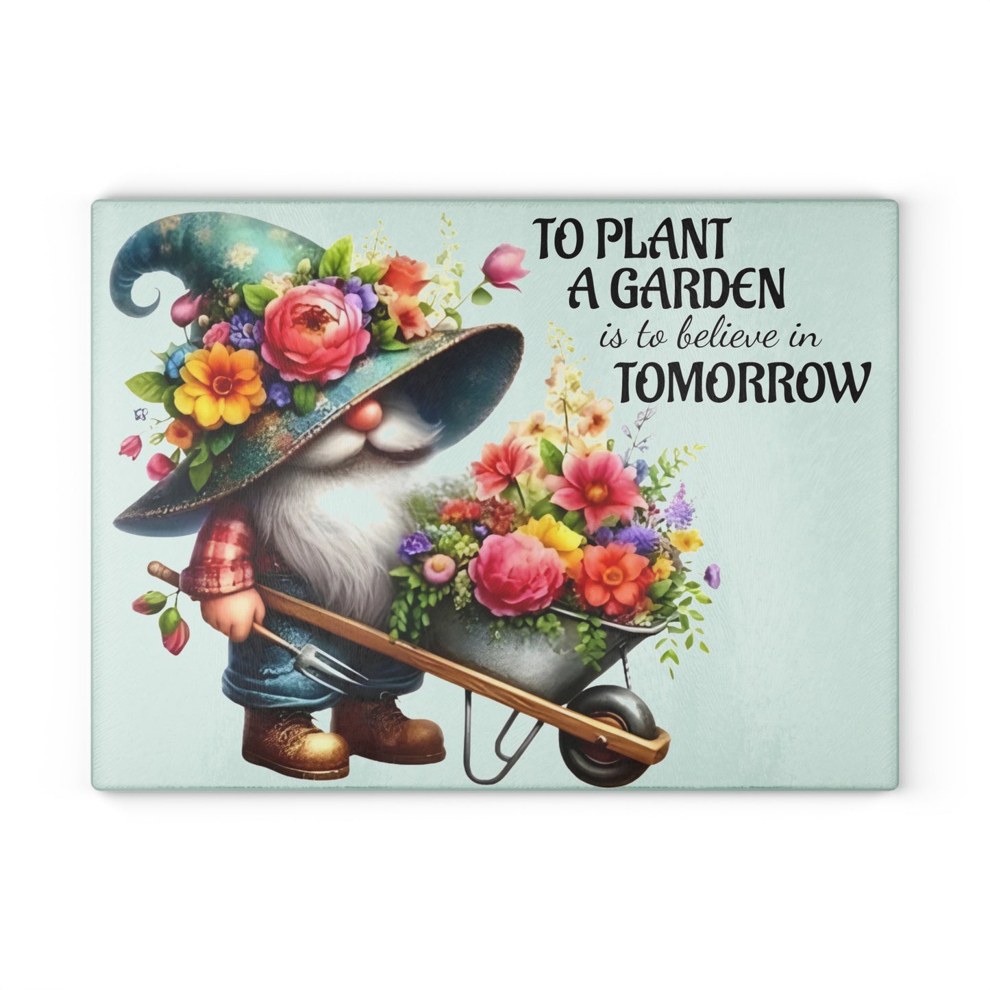 🌸🧙‍♂️ Garden Gnome Floral Cutting Board – Whimsical Kitchen Décor with Inspirational Quote 🌿✨