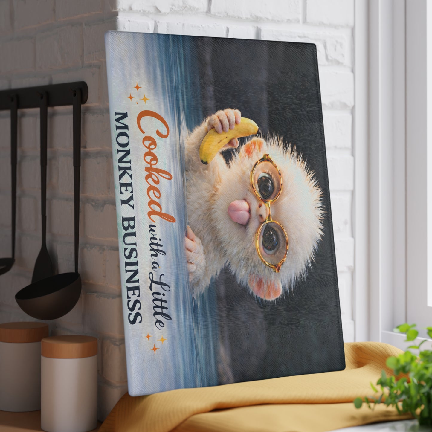 Playful Monkey Glass Cutting Board – “Cooked with a Little Monkey Business” Whimsical Kitchen Decor