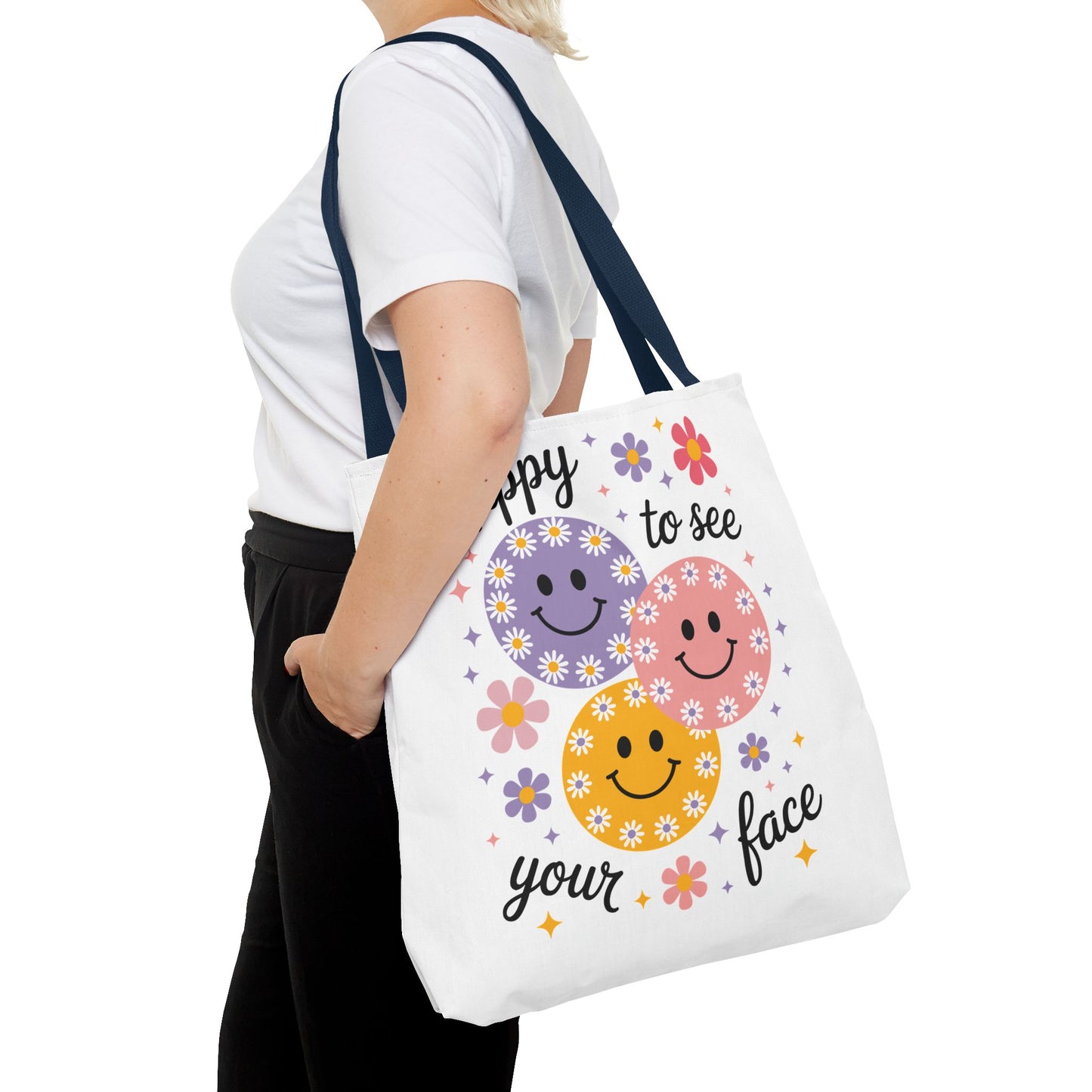 🌼 Happy Face Daisy Tote Bag – Retro Smiles with Floral Charm 🌸