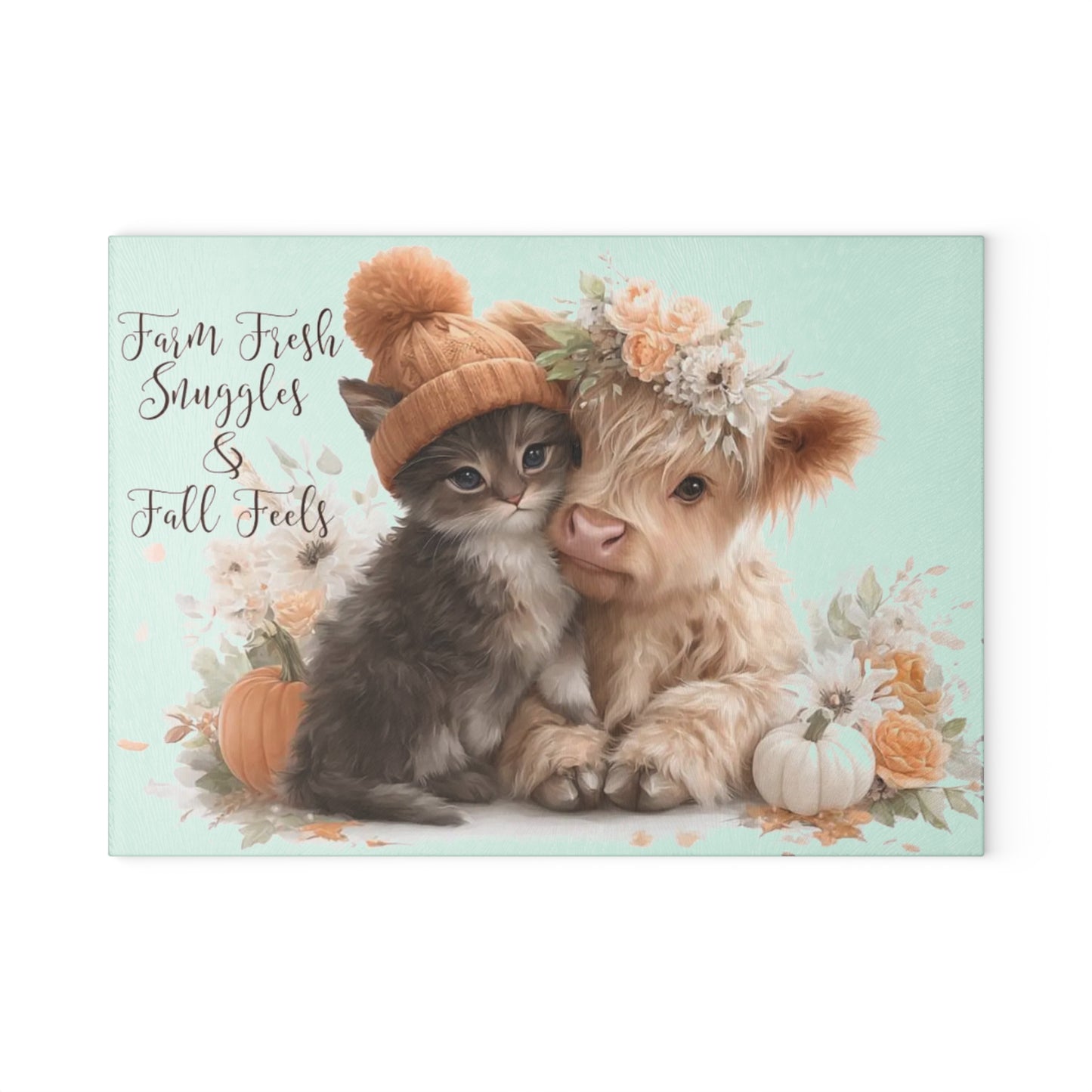 🍂🐱🐮 “Farm Fresh Snuggles & Fall Feels” Glass Cutting Board – Cozy Autumn Charm for Your Kitchen