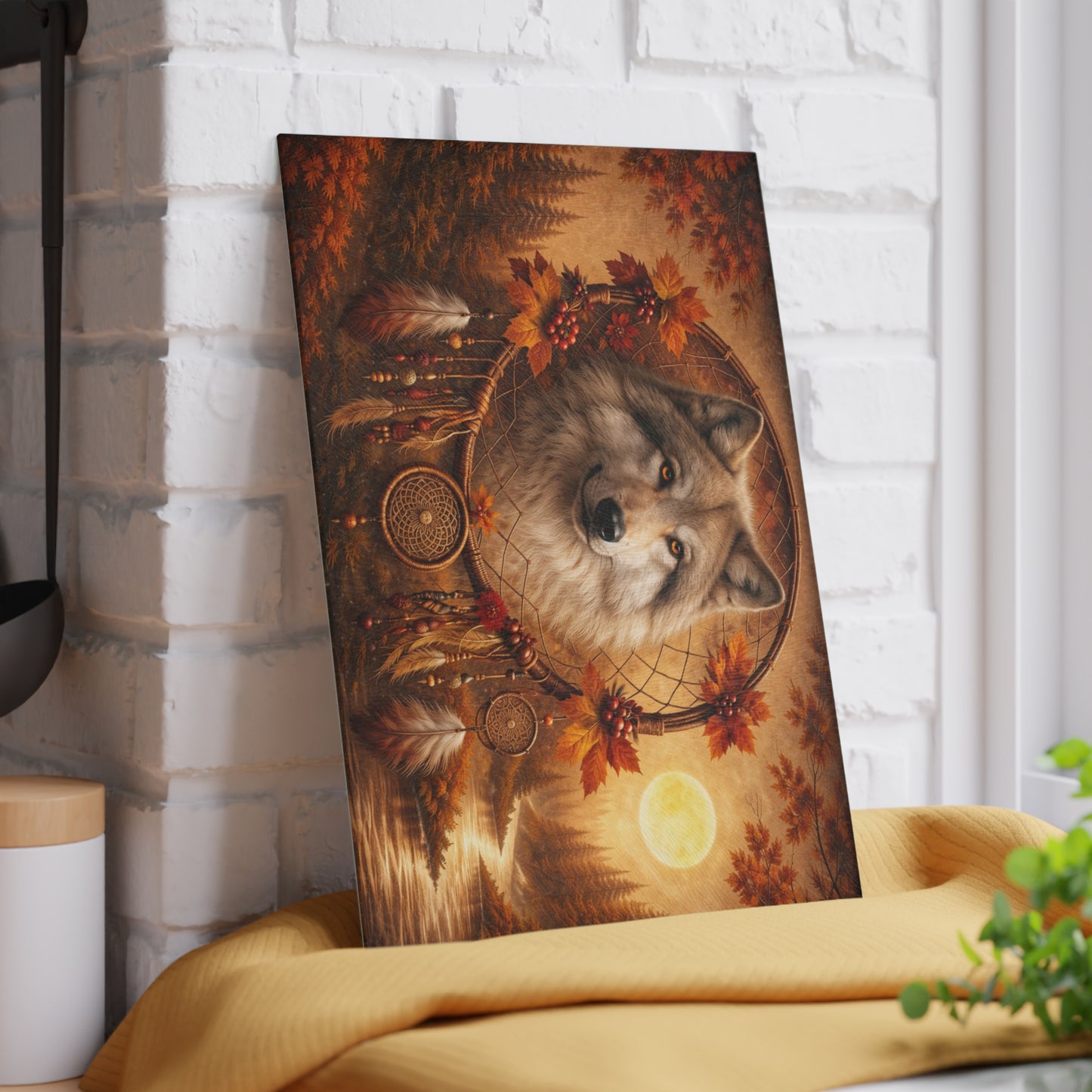 Autumn Wolf Dreamcatcher Glass Cutting Board – Rustic Woodland Wildlife Kitchen Art