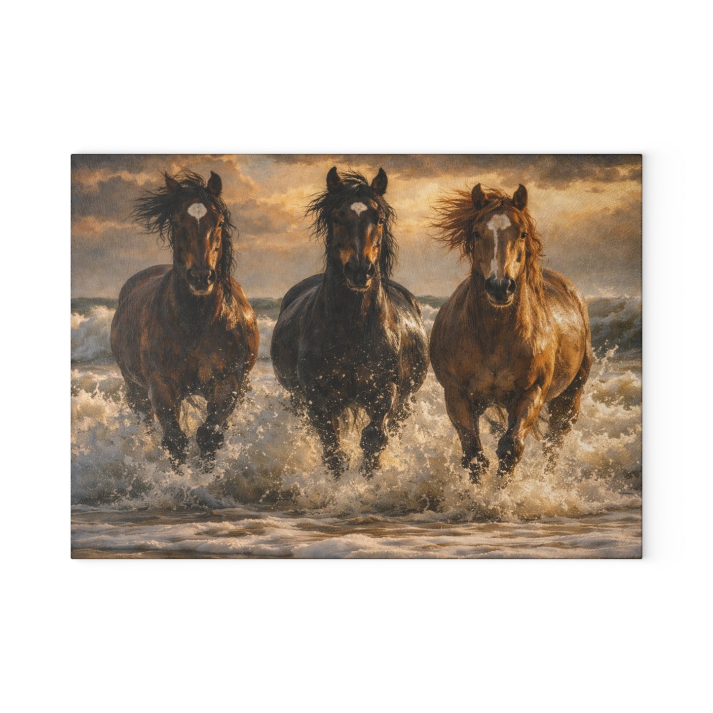 Running Horses on the Beach Glass Cutting Board – Coastal Horse Lover Farmhouse Kitchen Decor