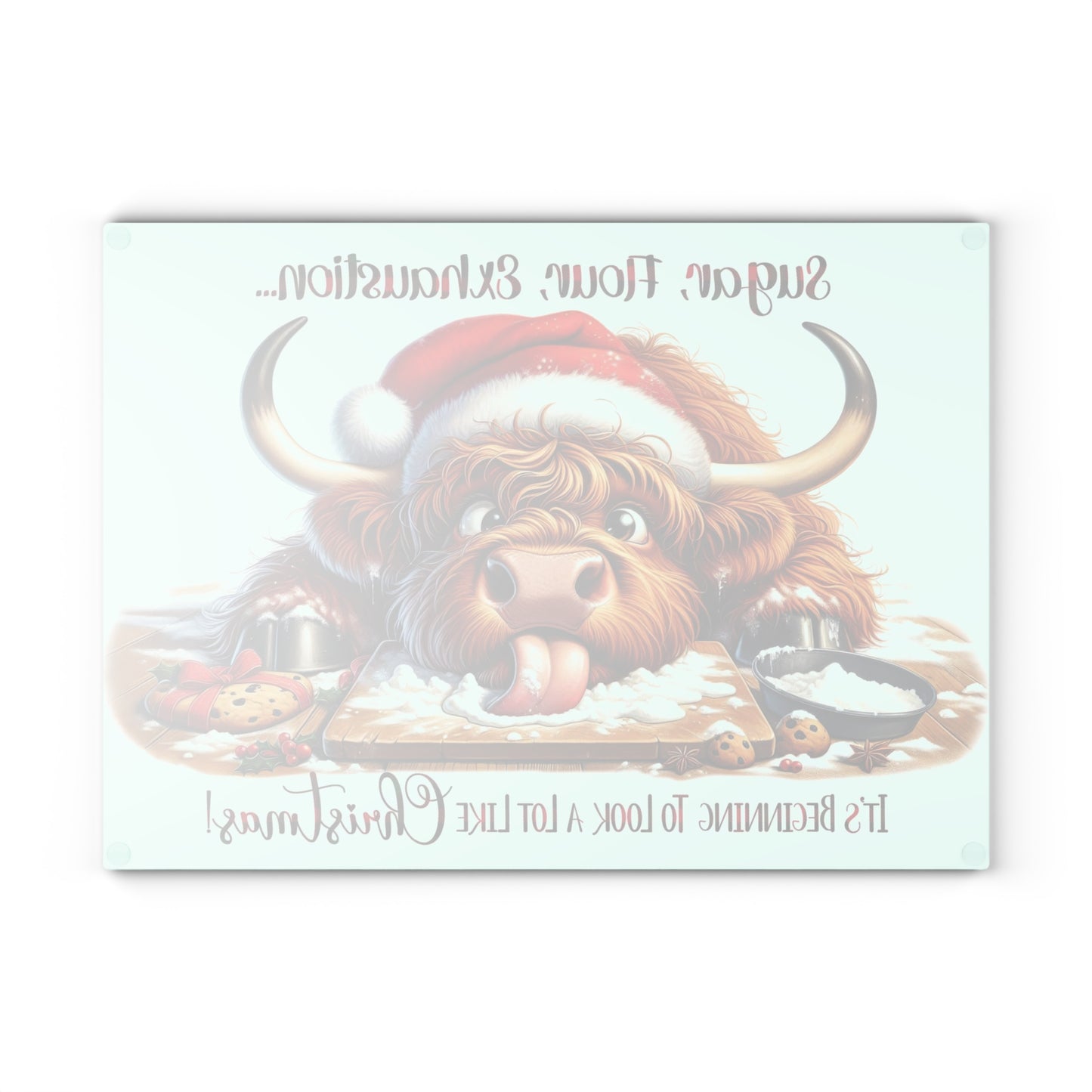 🤣🐮 “Sugar, Flour, Exhaustion” Highland Cow – Funny Christmas Baking Cutting Board 🎄✨