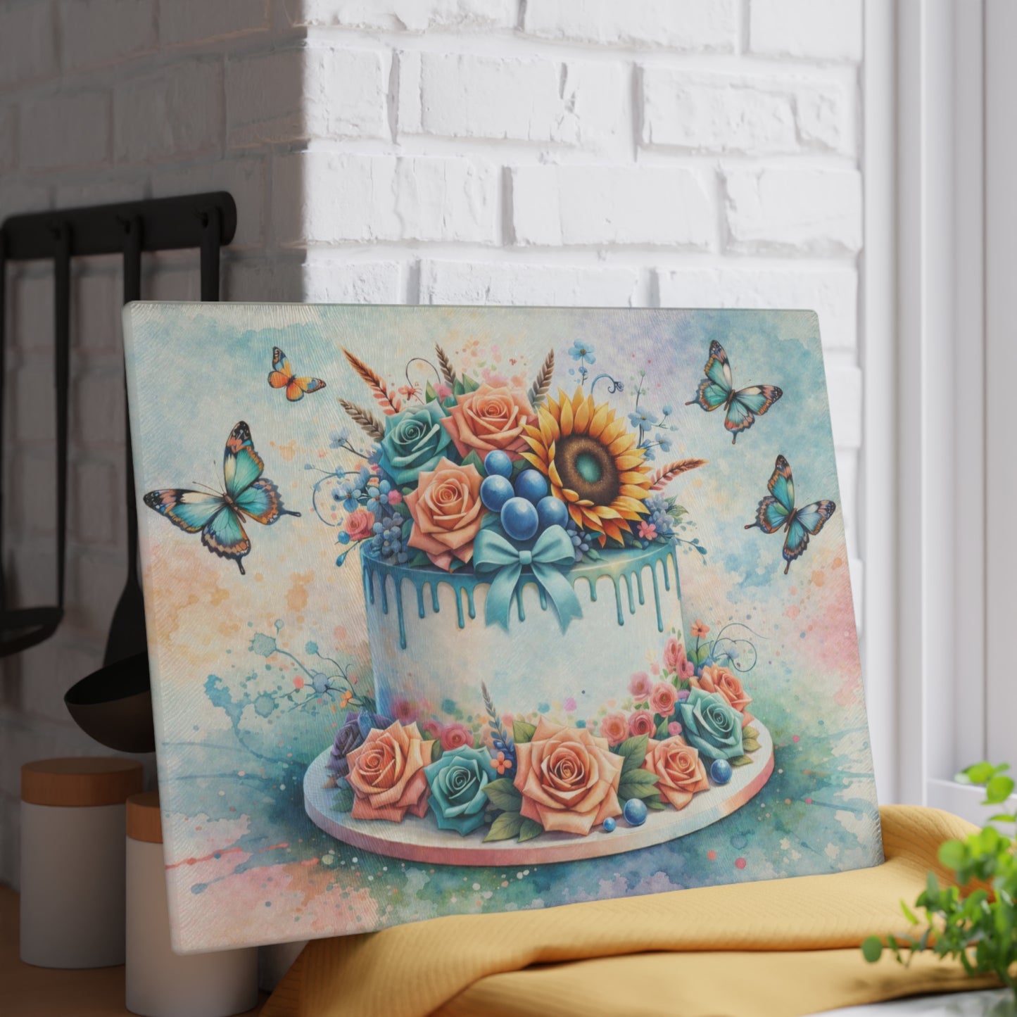 Floral Celebration Cake Glass Cutting Board – Elegant Dessert Kitchen Decor
