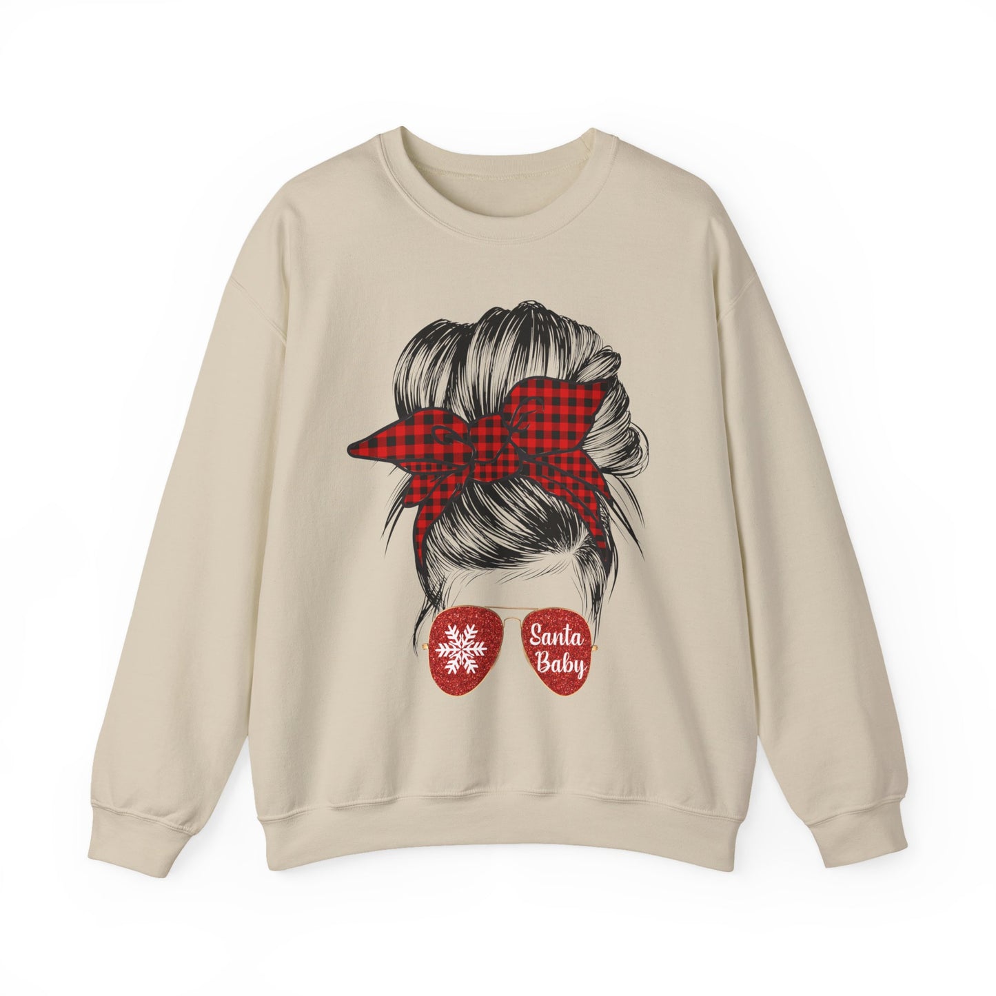 🎅✨ Santa Baby Buffalo Plaid Hair Bun Sweatshirt – Festive Holiday Vibes ❤️🖤
