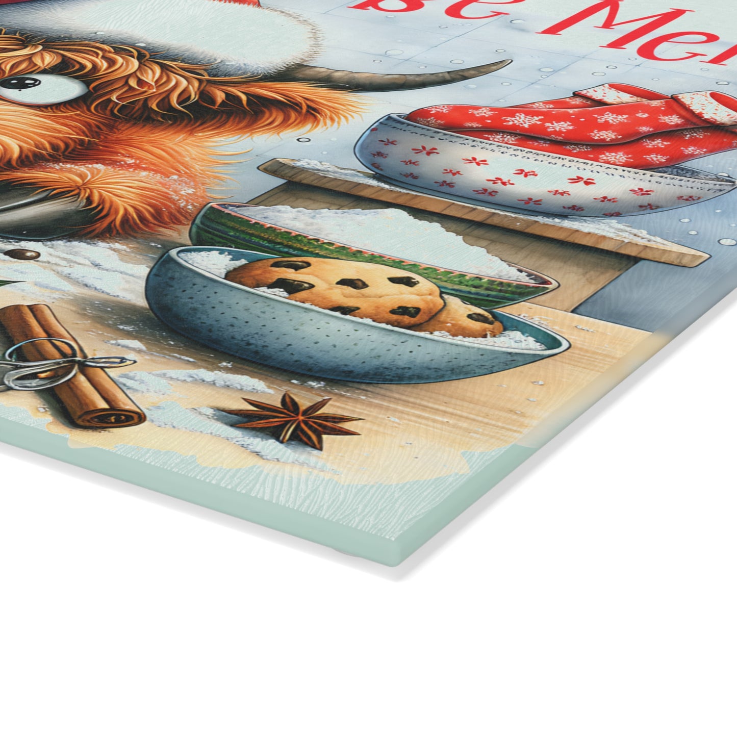 Eat, Bake and Be Merry Highland Cow Cutting Board – Festive Christmas Kitchen Cheer