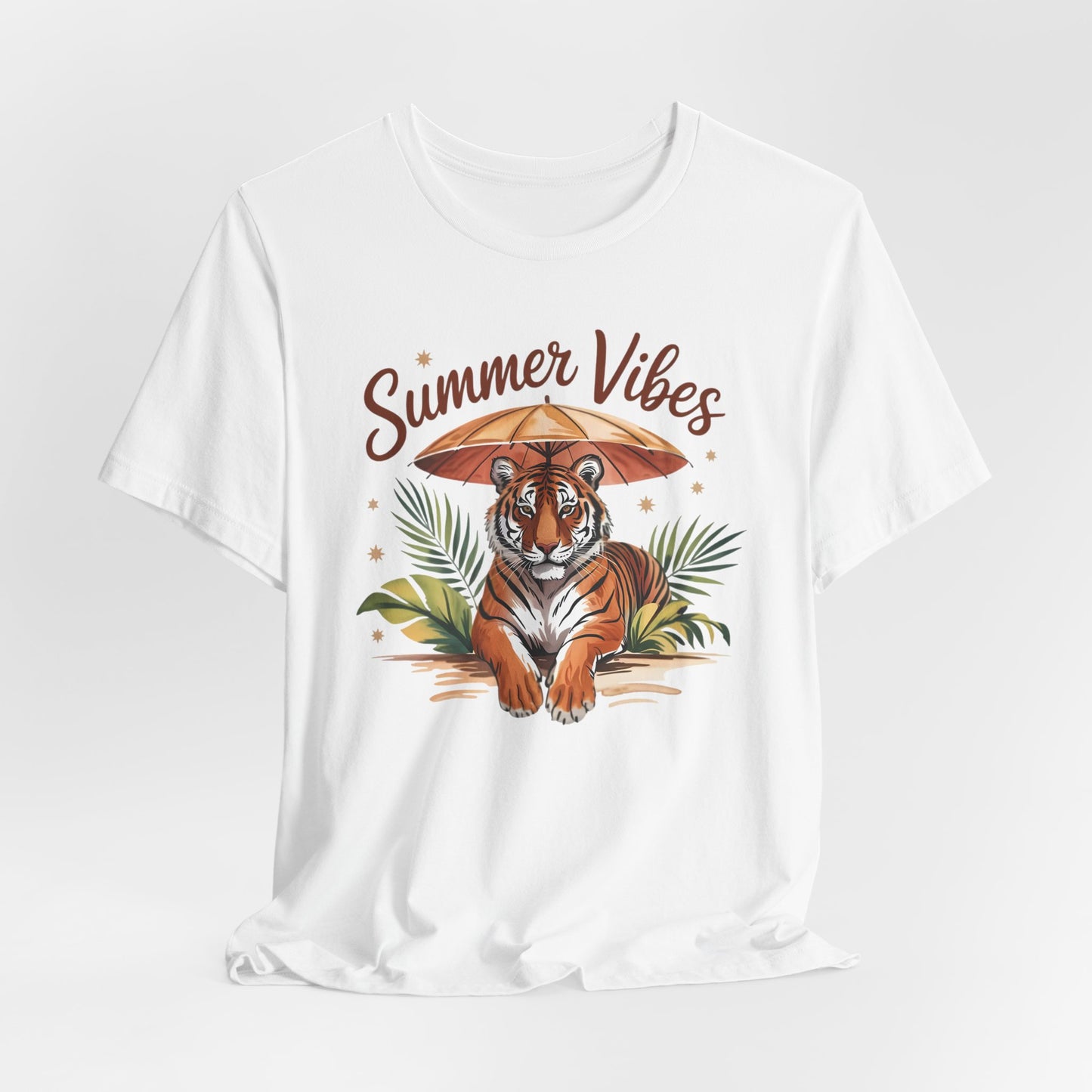 Camiseta Summer Vibes Tiger – Gráfico de palmeras de la selva con paraguas | Múltiples opciones de color