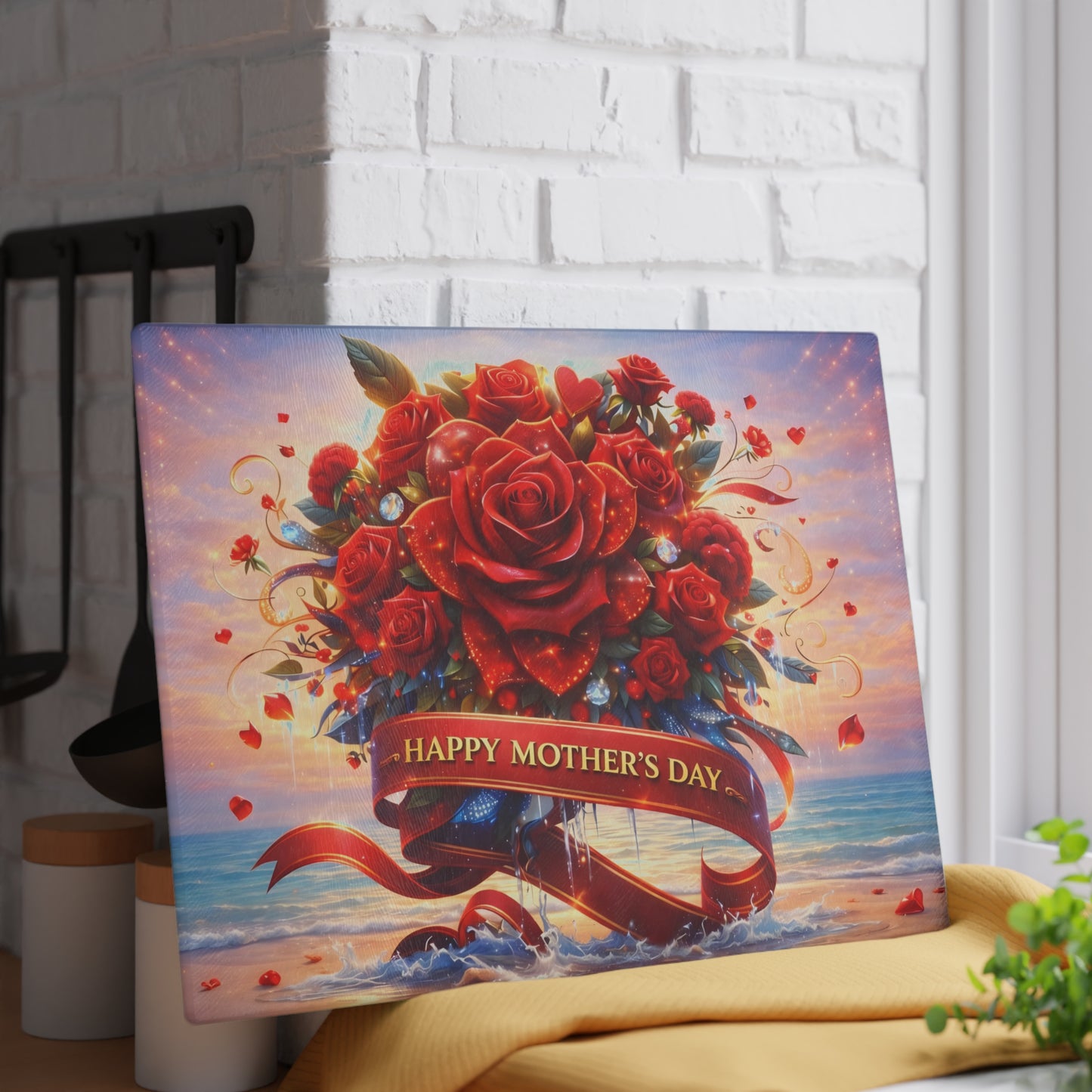 Happy Mothers Day Beach-Themed Glass Cutting Board – "Happy Mother’s Day" Ribbon with Roses, Glass cutting board, beach decor, coastal kitchen, Charcuterie Board, Custom cutting board, Flowers
