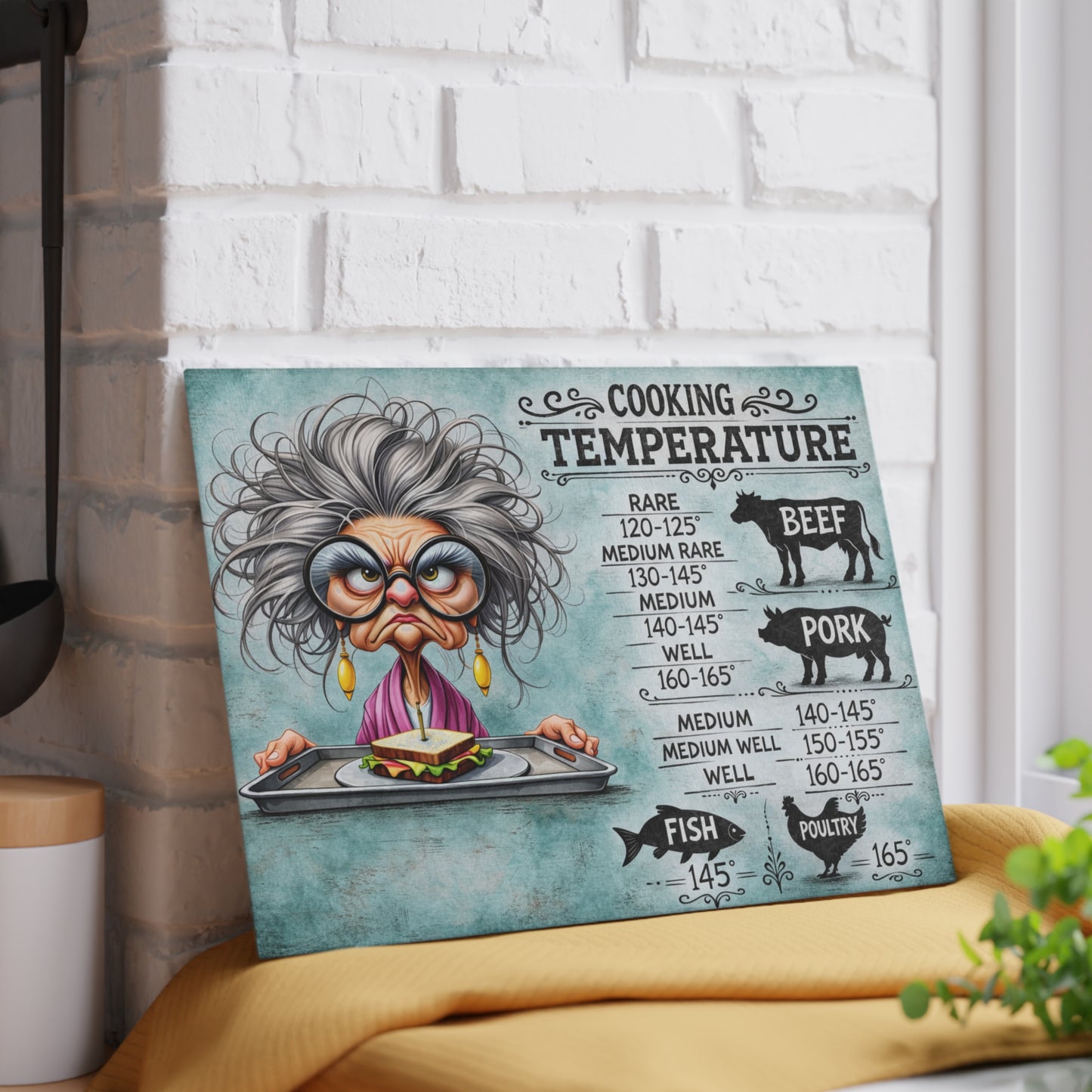 Cooking Temperature Guide Glass Cutting Board – Funny Kitchen Conversion & Meat Temperature Chart Decor
