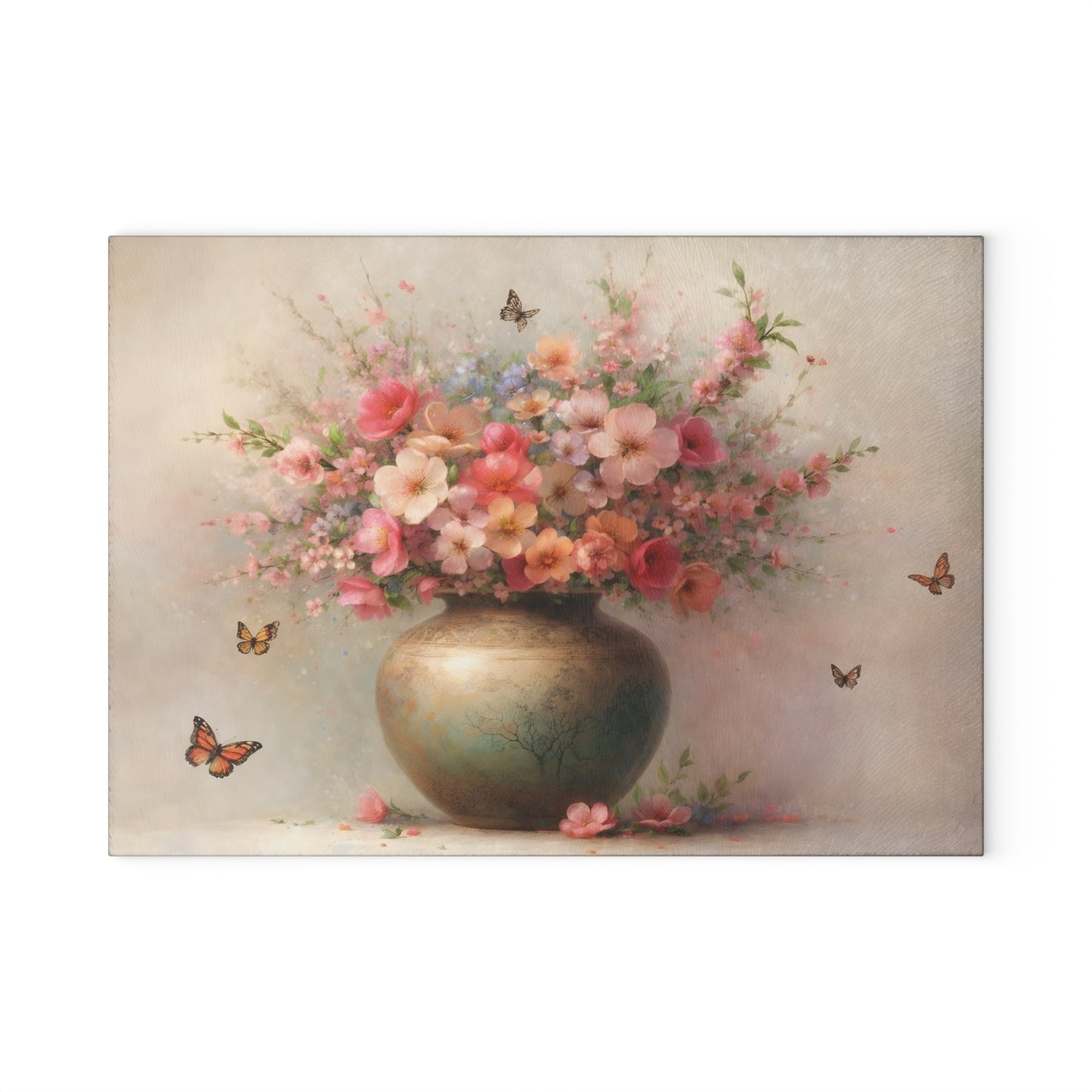Blossoming Floral Vase with Butterflies Glass Cutting Board – Elegant Botanical Kitchen Art