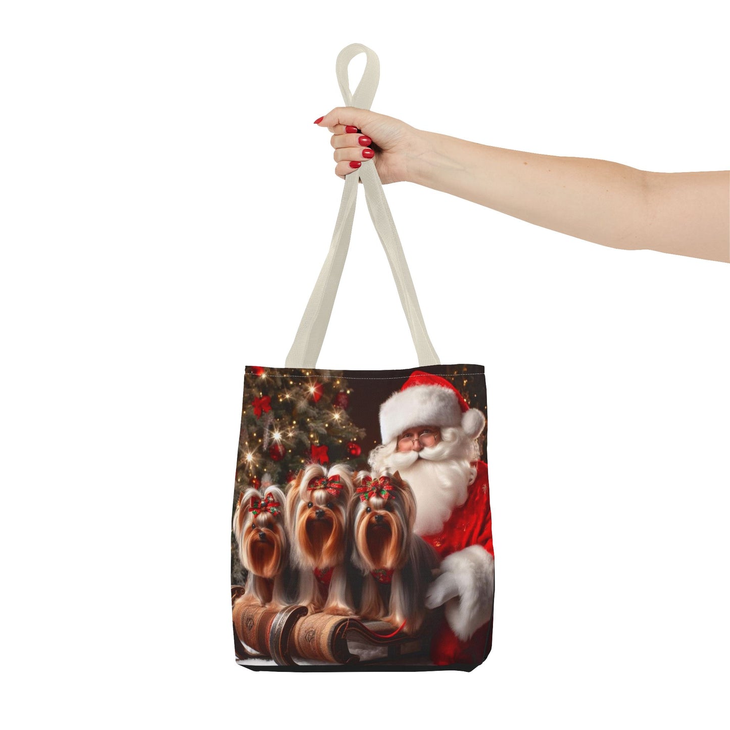 🎅 Santa & Yorkies Christmas Tote Bag – Holiday Cheer with a Furry Twist 🎄